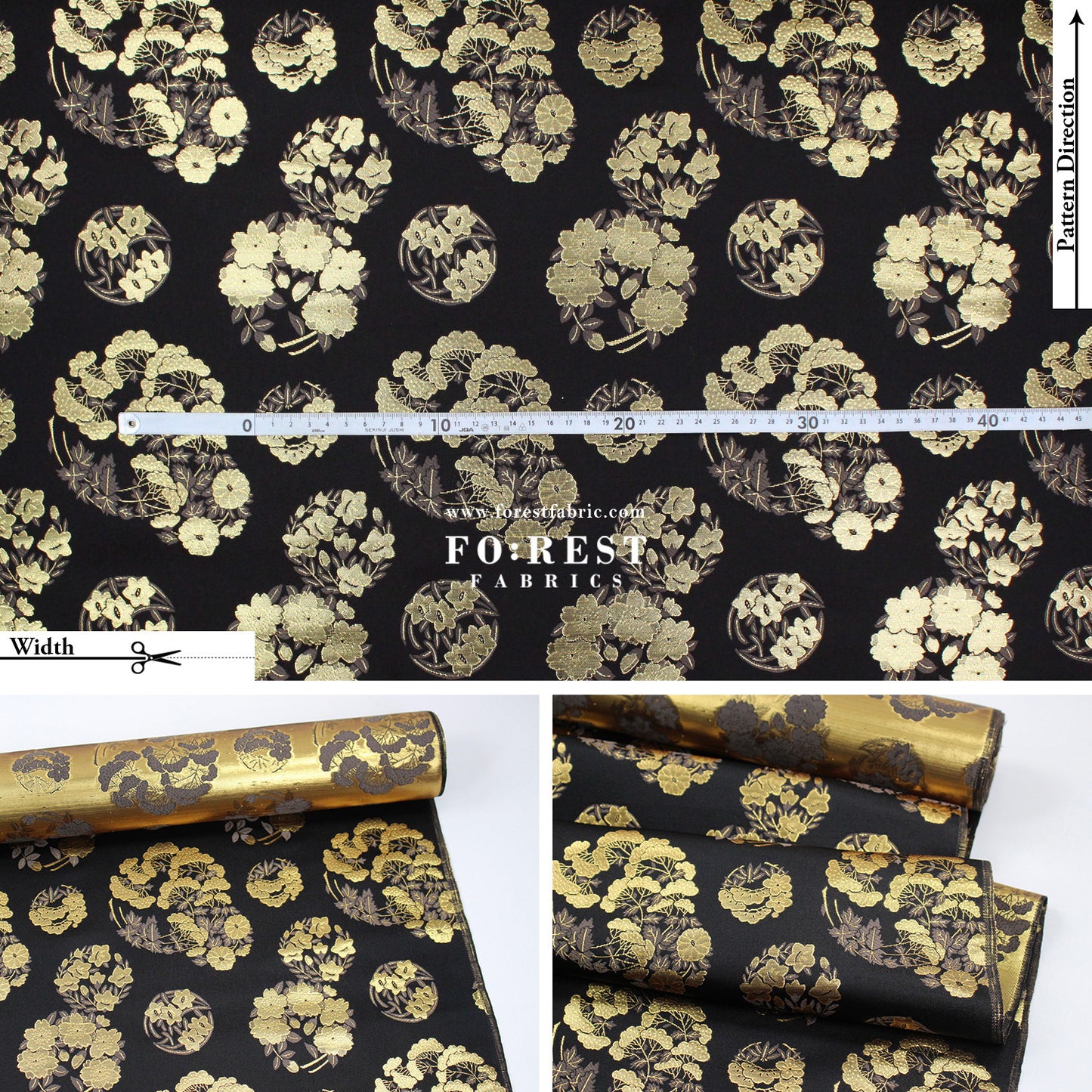 Gold Brocade - Pine Phoenix fabric Black
