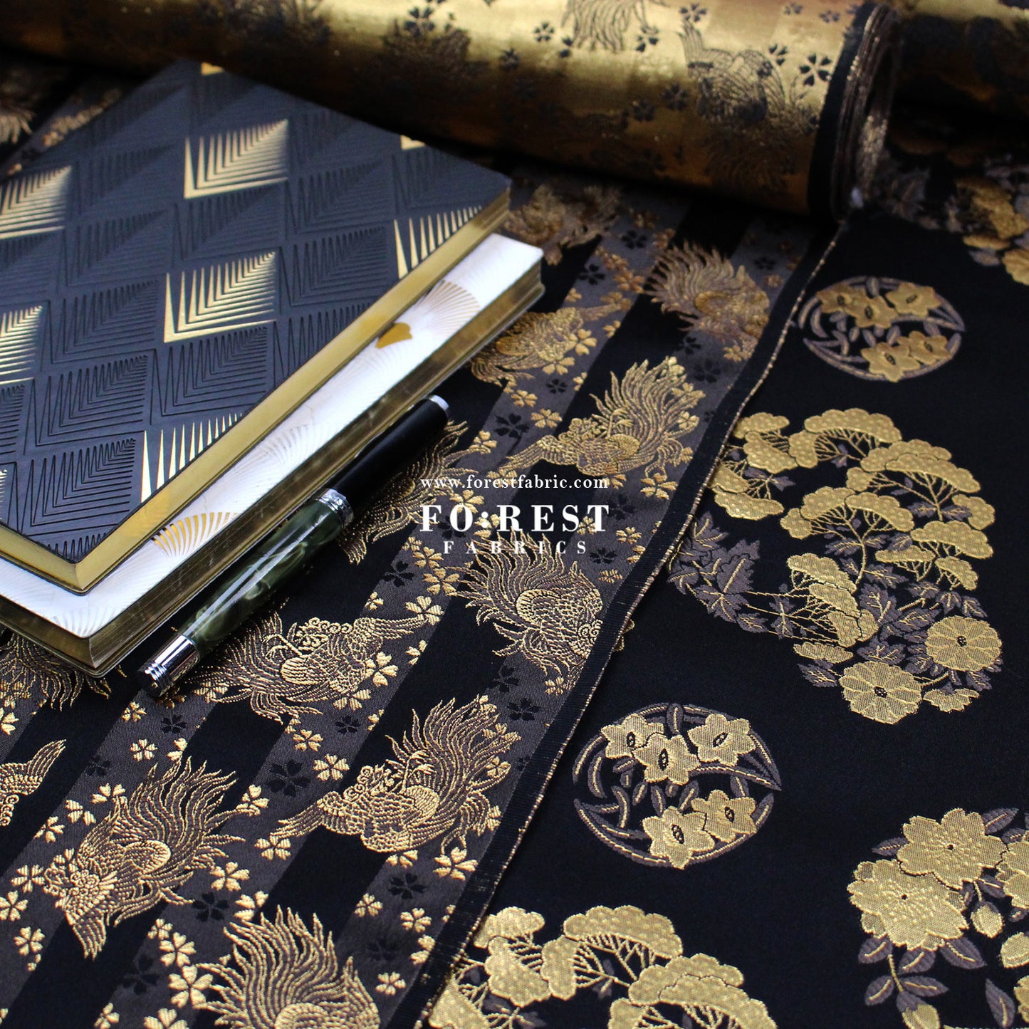 Gold Brocade - Pine Phoenix fabric Black