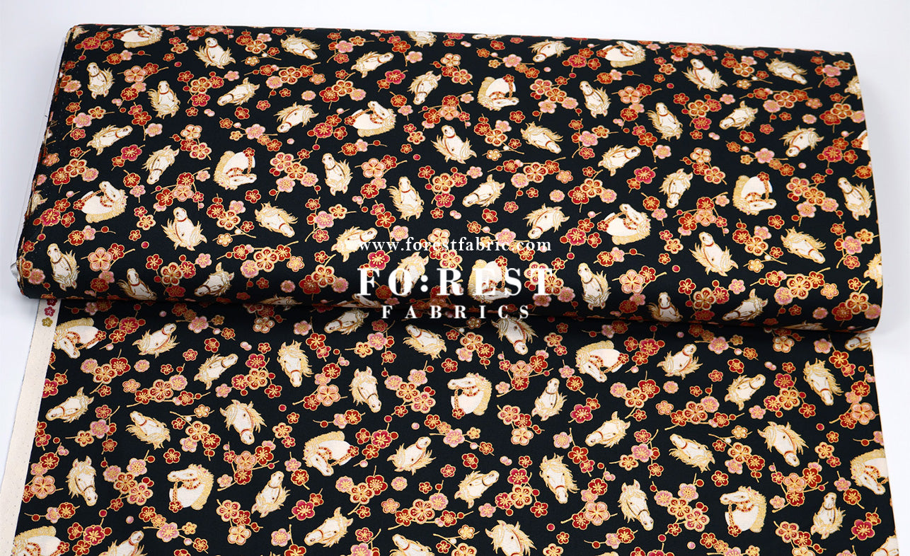 cotton - Plum Blossom Horse with metallic fabric