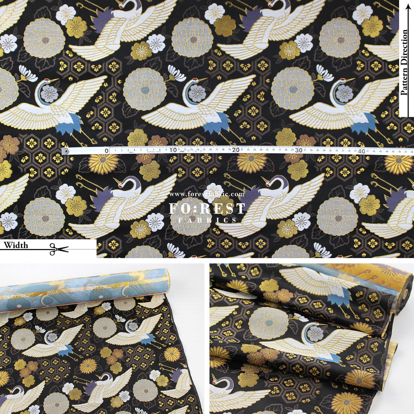 Gold Brocade - Crane fabric Black