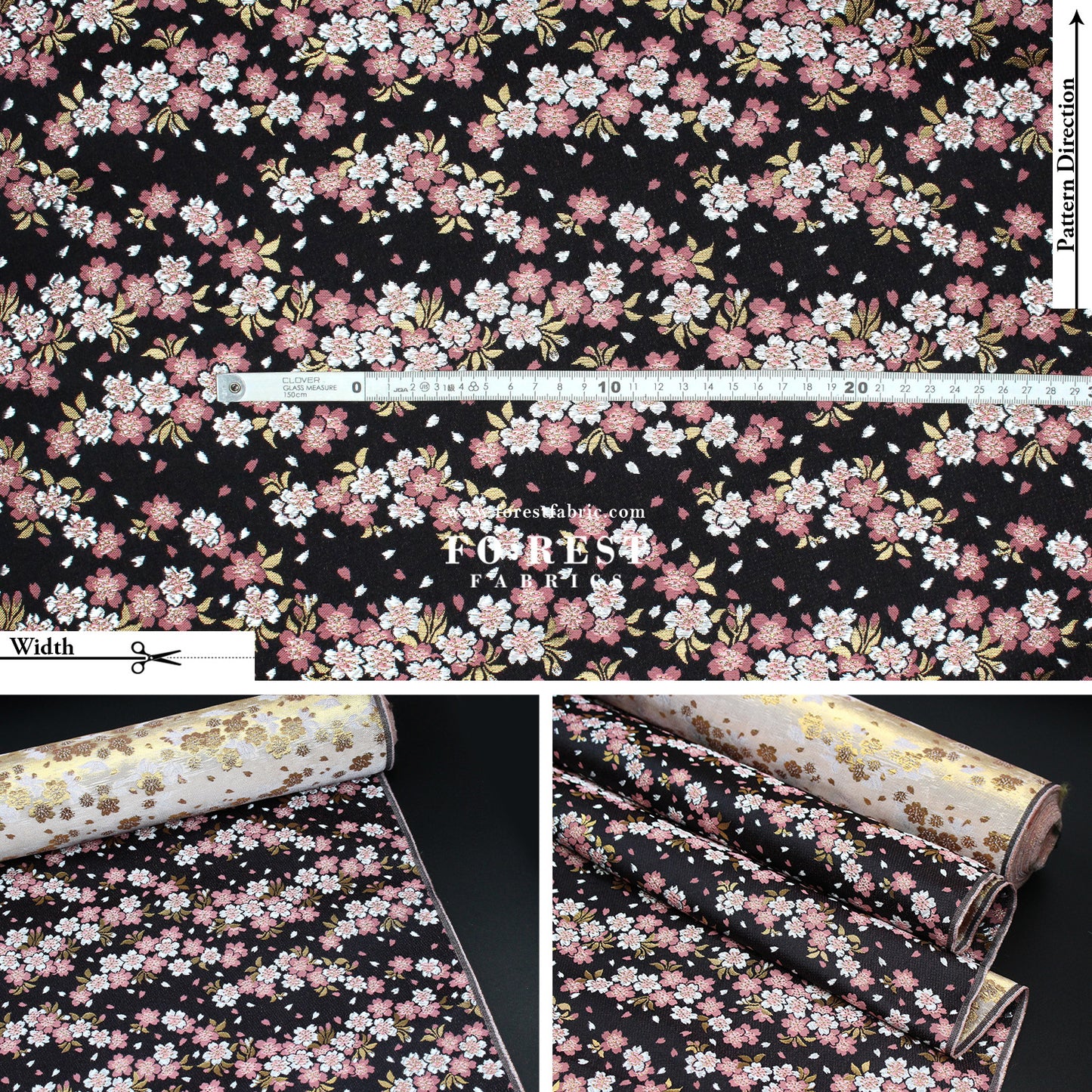 Gold Brocade - Flowing Sakura fabric Black