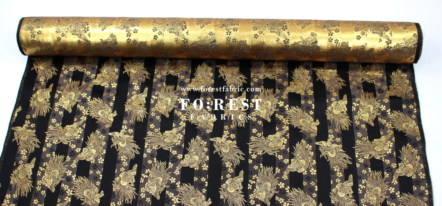 Gold Brocade - Pine Phoenix fabric Black