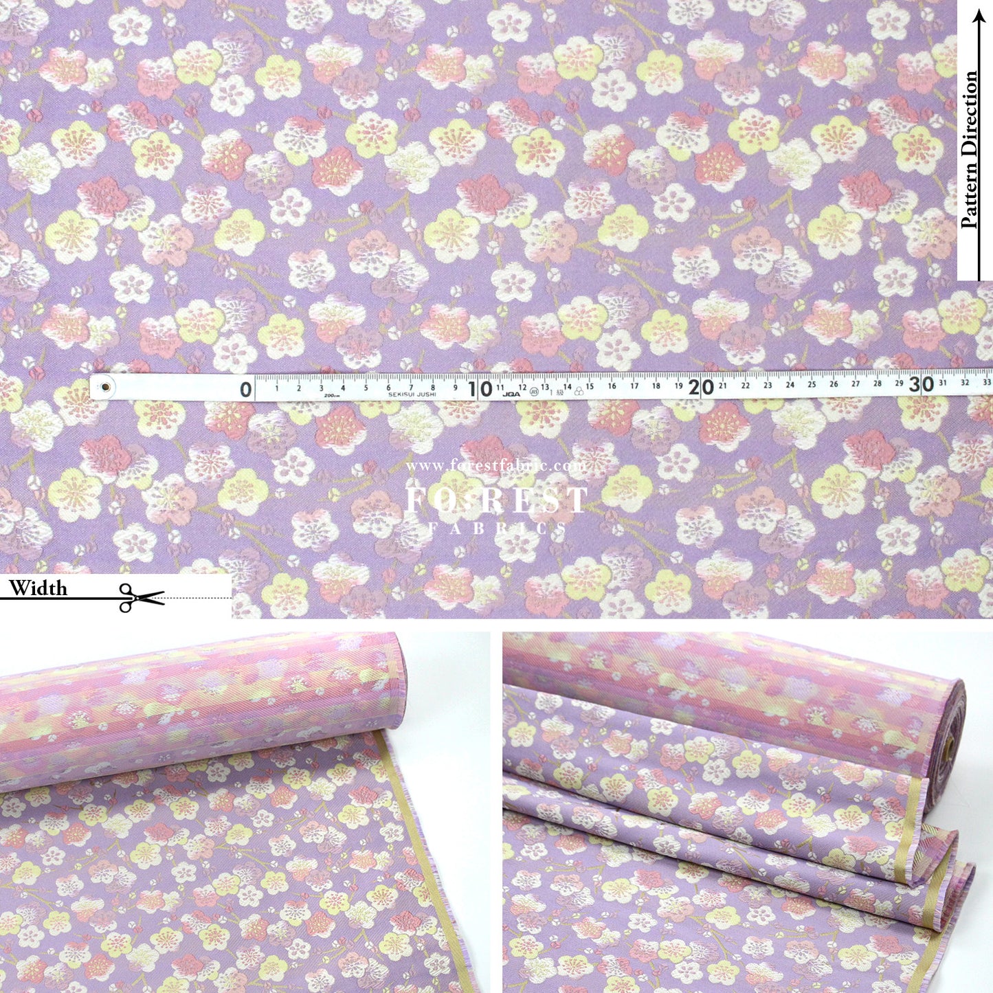Gold Brocade - Sakura River Flower fabric Mint/Purple