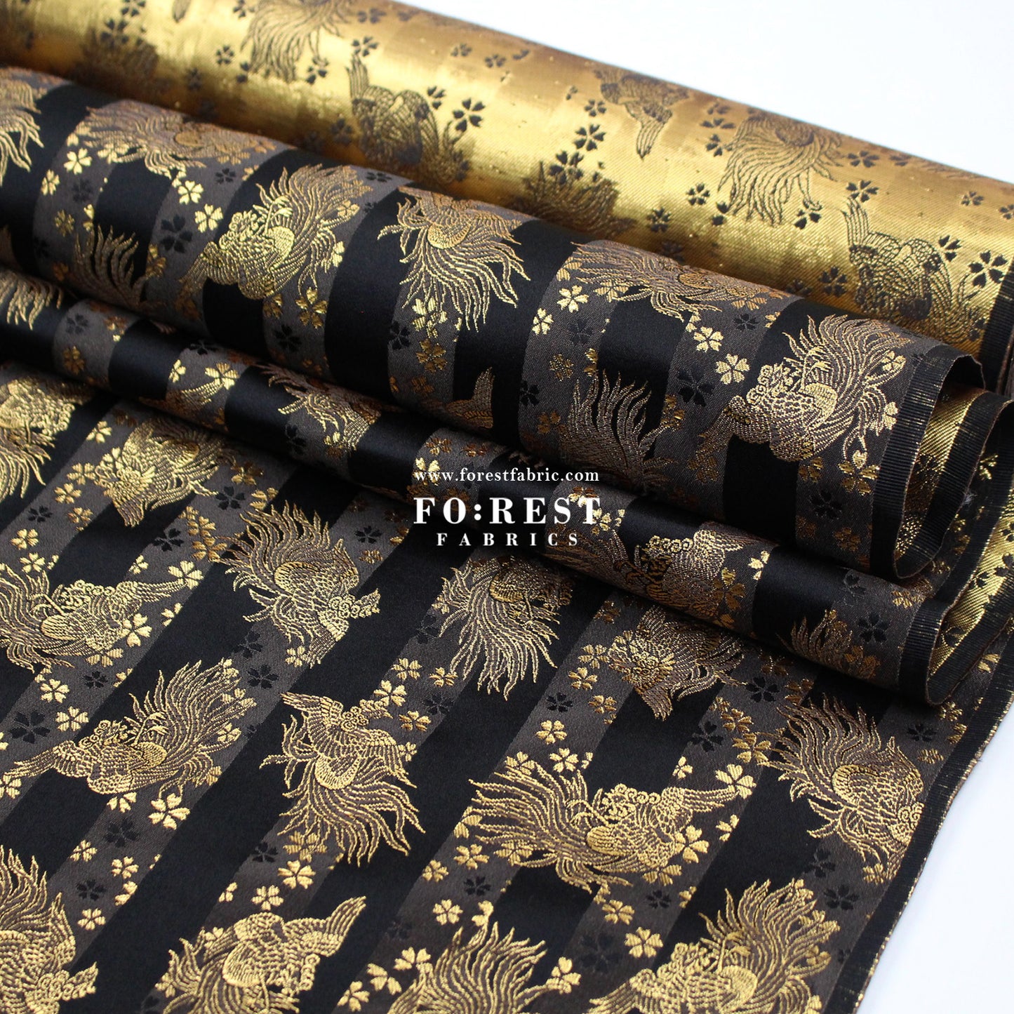 Gold Brocade - Pine Phoenix fabric Black
