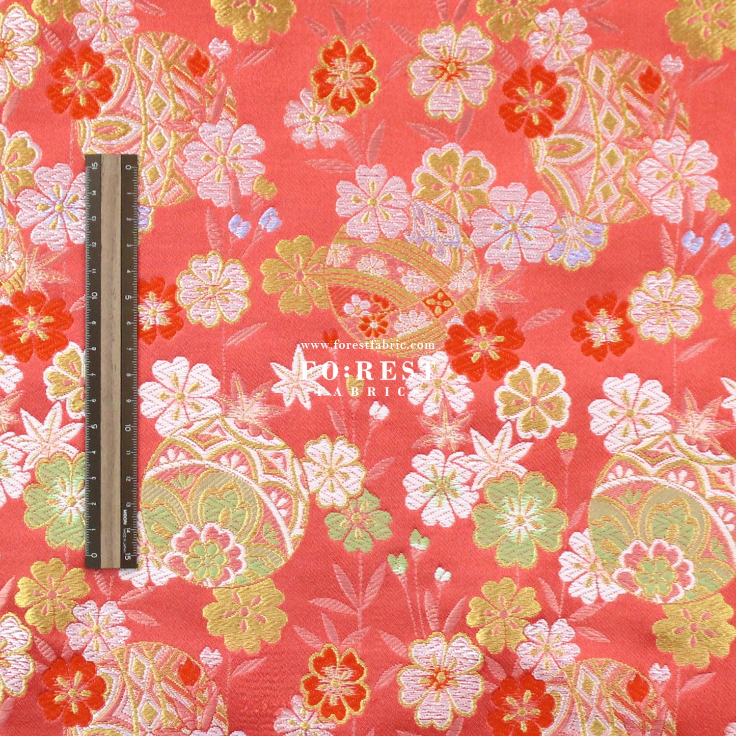 Gold Brocade - Sakura ball flower fabric LightRed