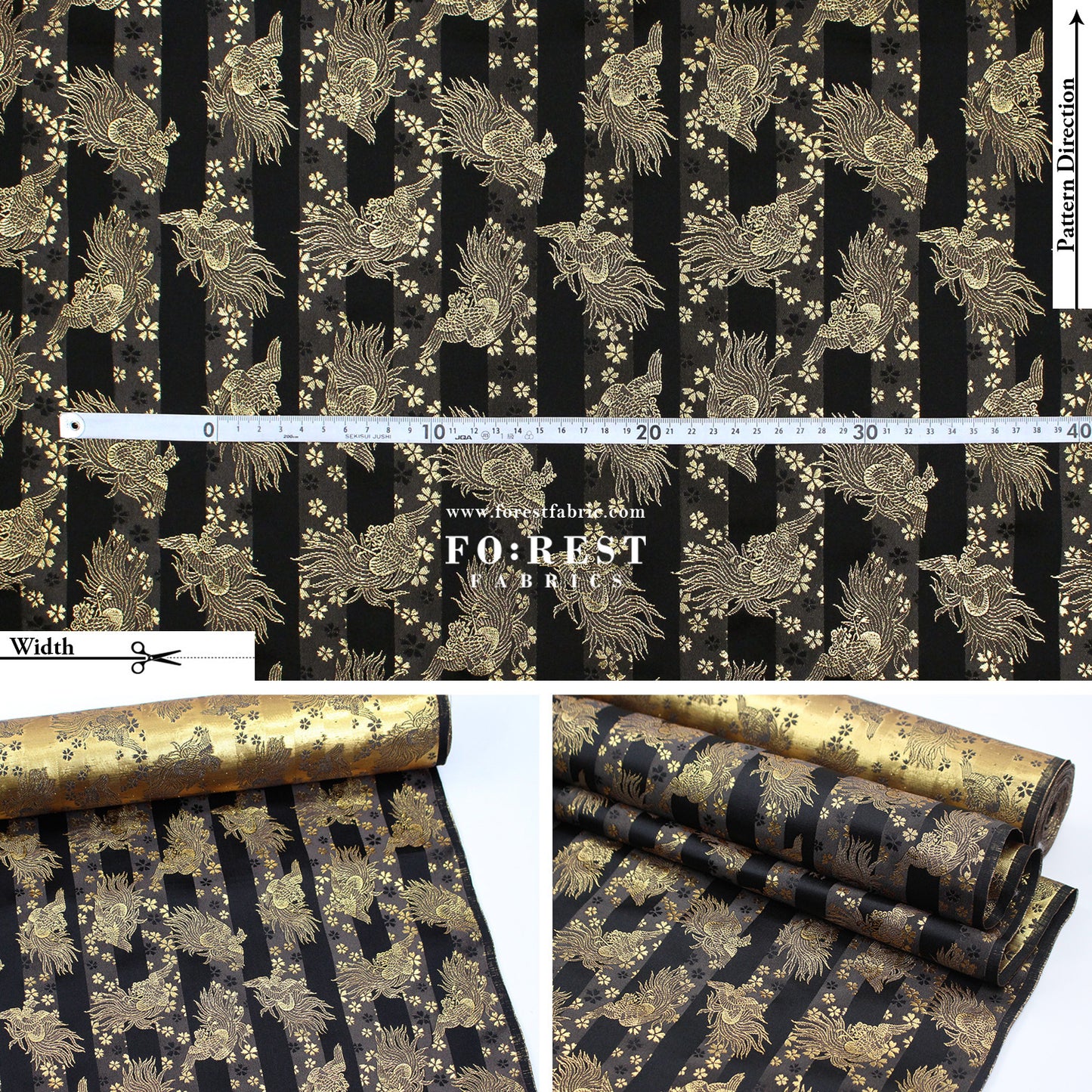 Gold Brocade - Pine Phoenix fabric Black