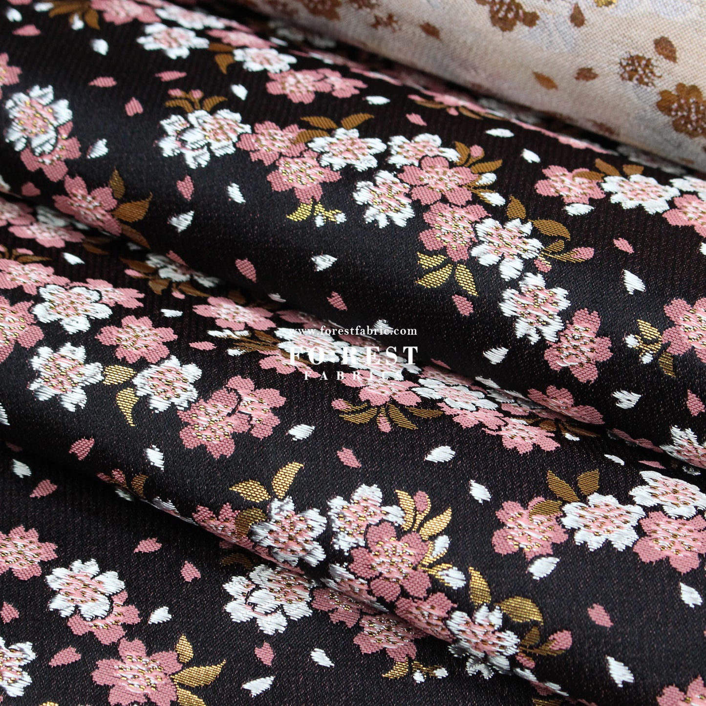 Gold Brocade - Flowing Sakura fabric Black