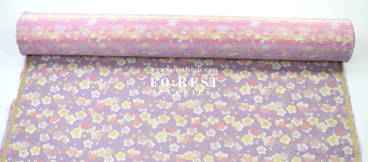 Gold Brocade - Sakura River Flower fabric Mint/Purple