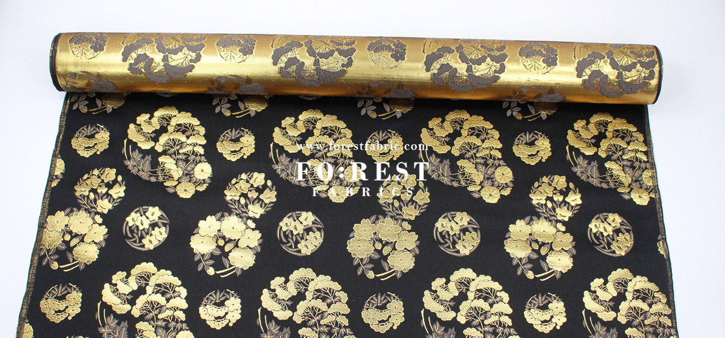 Gold Brocade - Pine Phoenix fabric Black