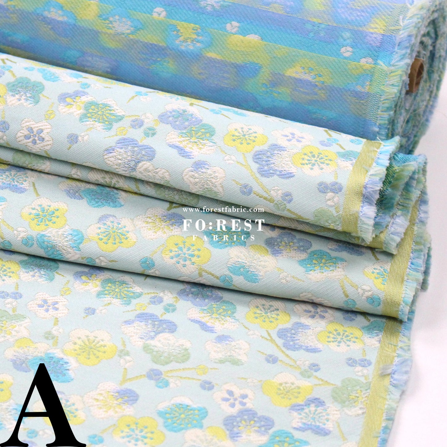 Gold Brocade - Sakura River Flower fabric Mint/Purple