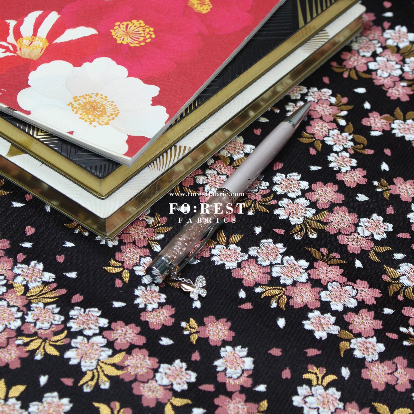 Gold Brocade - Flowing Sakura fabric Black