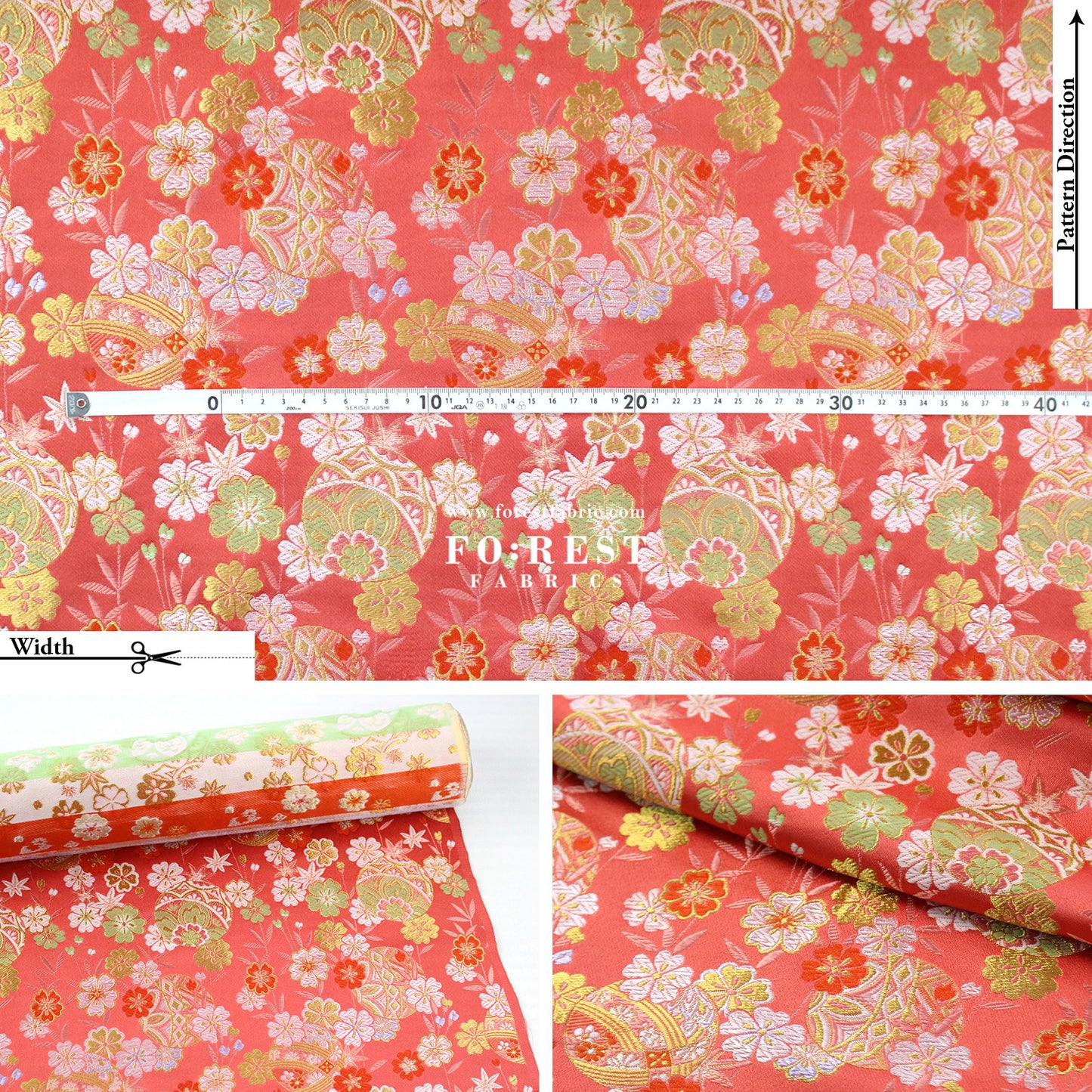 Gold Brocade - Sakura ball flower fabric LightRed