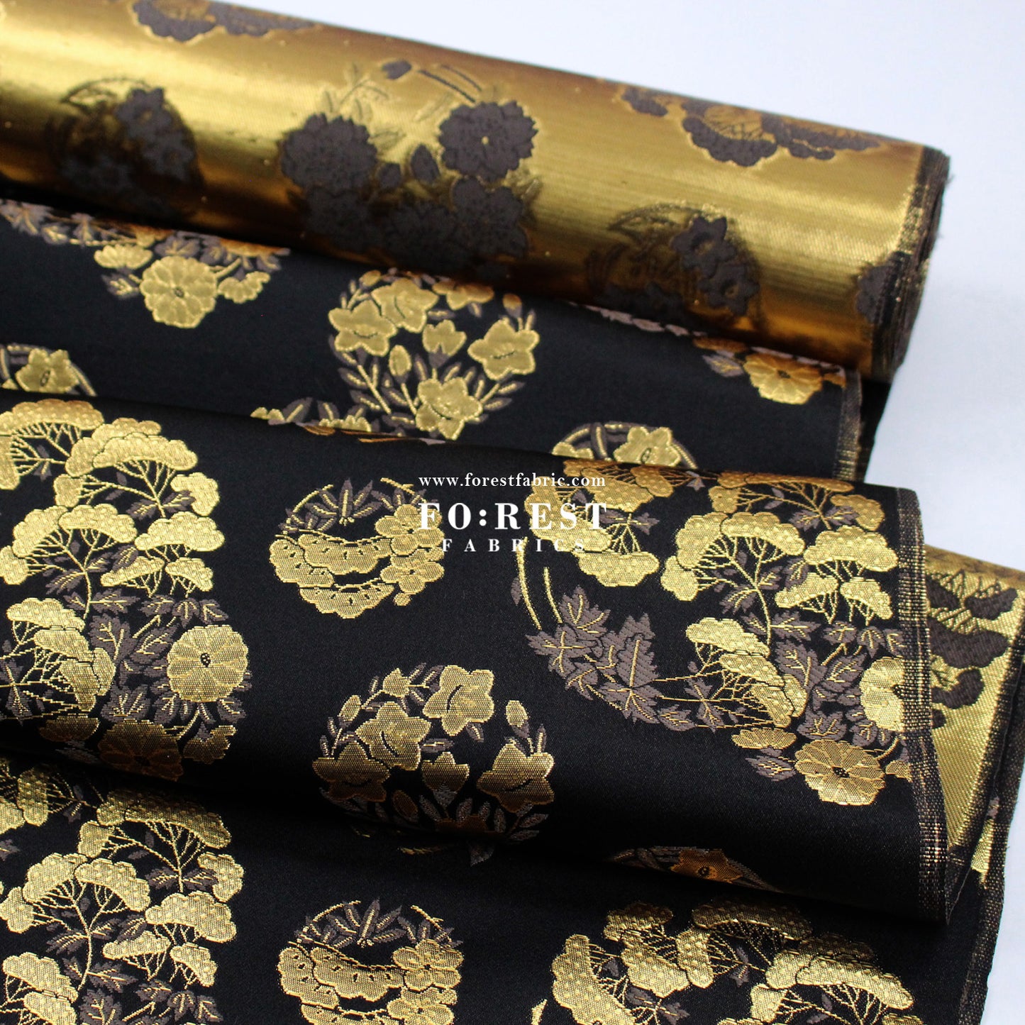 Gold Brocade - Pine Phoenix fabric Black