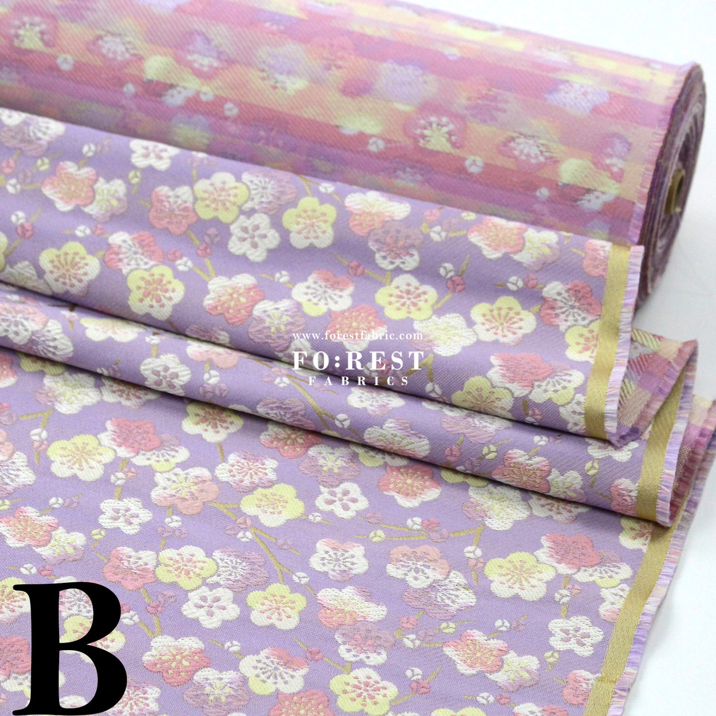 Gold Brocade - Sakura River Flower fabric Mint/Purple
