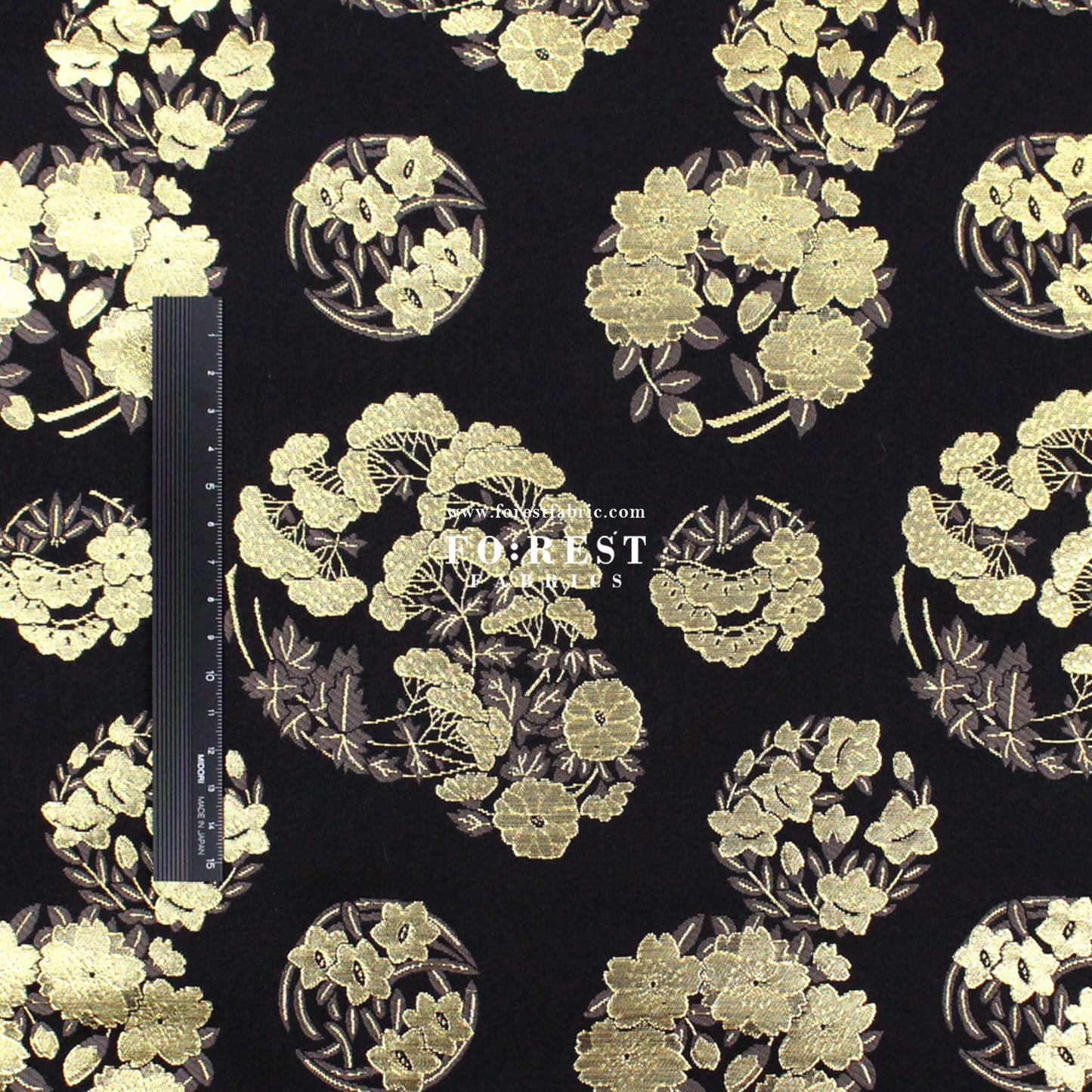 Gold Brocade - Pine Phoenix fabric Black
