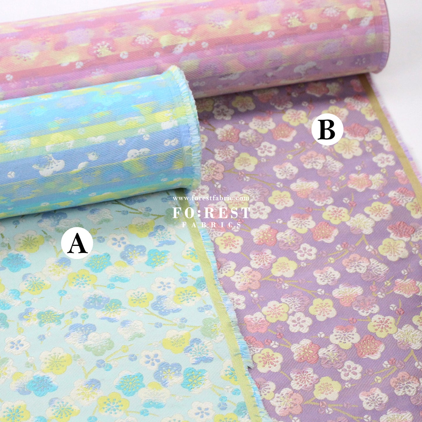 Gold Brocade - Sakura River Flower fabric Mint/Purple