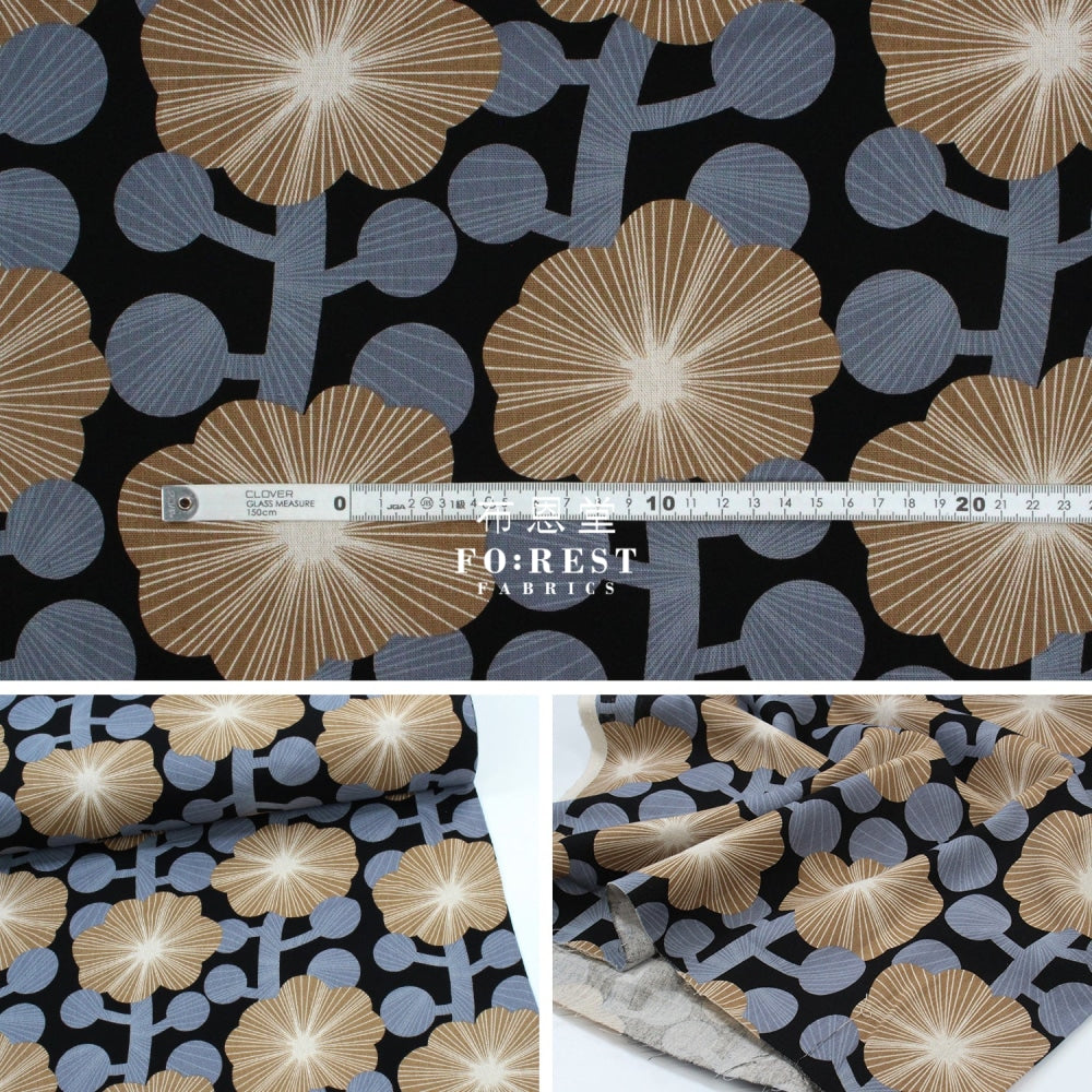 Canvas - Diagonal Flower Fabric Black Cotton Linen Canvas