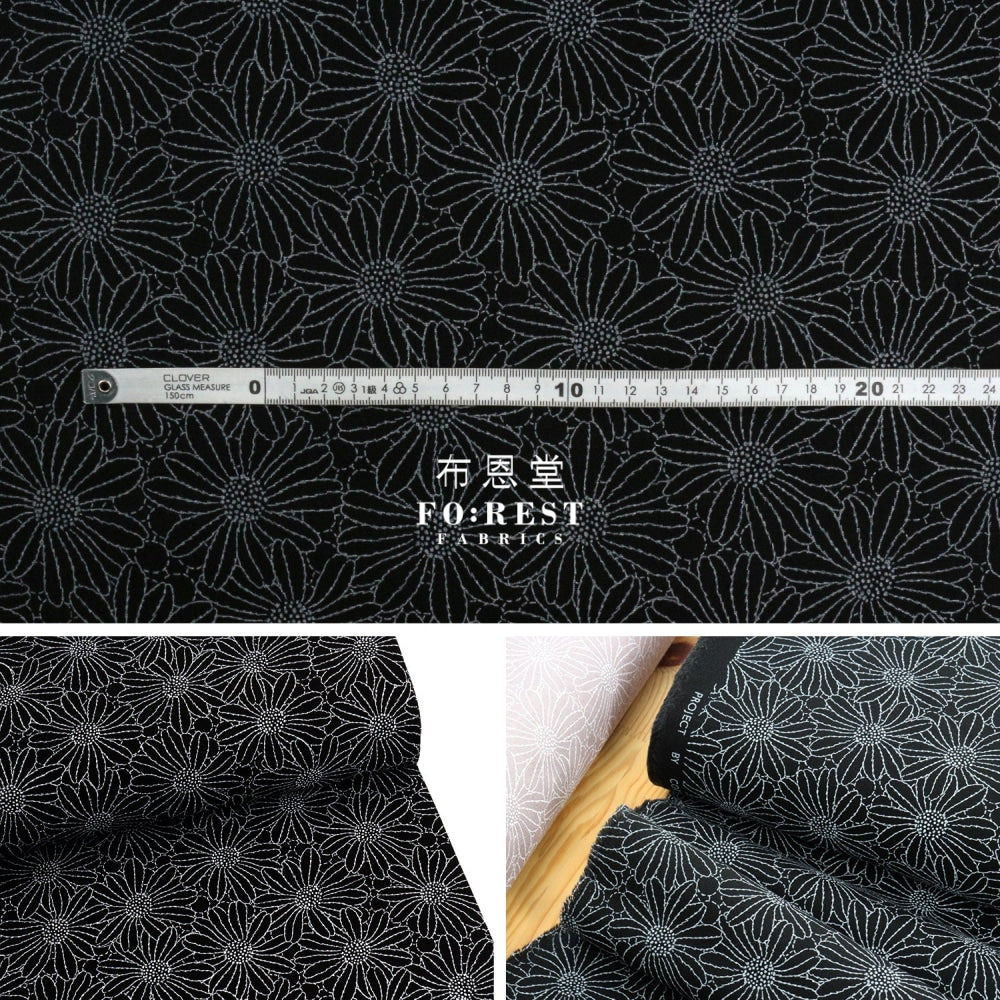 Canvas - Lacquer Print Flowers Fabric Black Cotton Linen Canvas