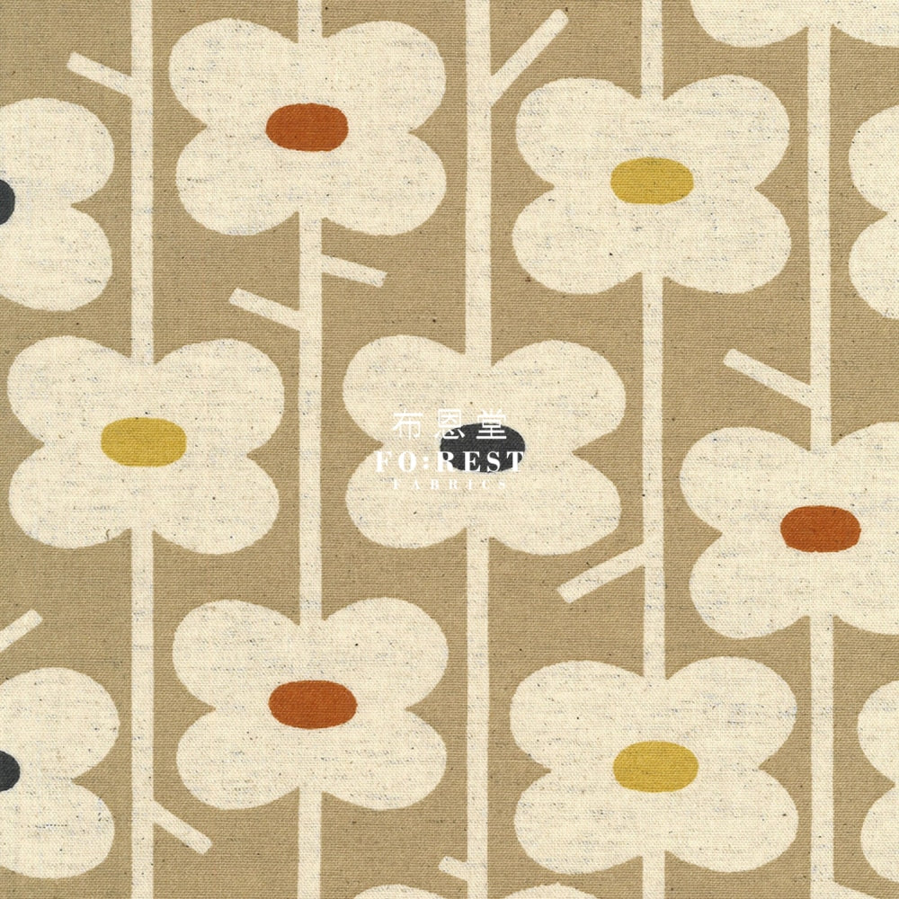 Canvas - Piccolo Flowers Fabric Khaki Cotton Linen Canvas