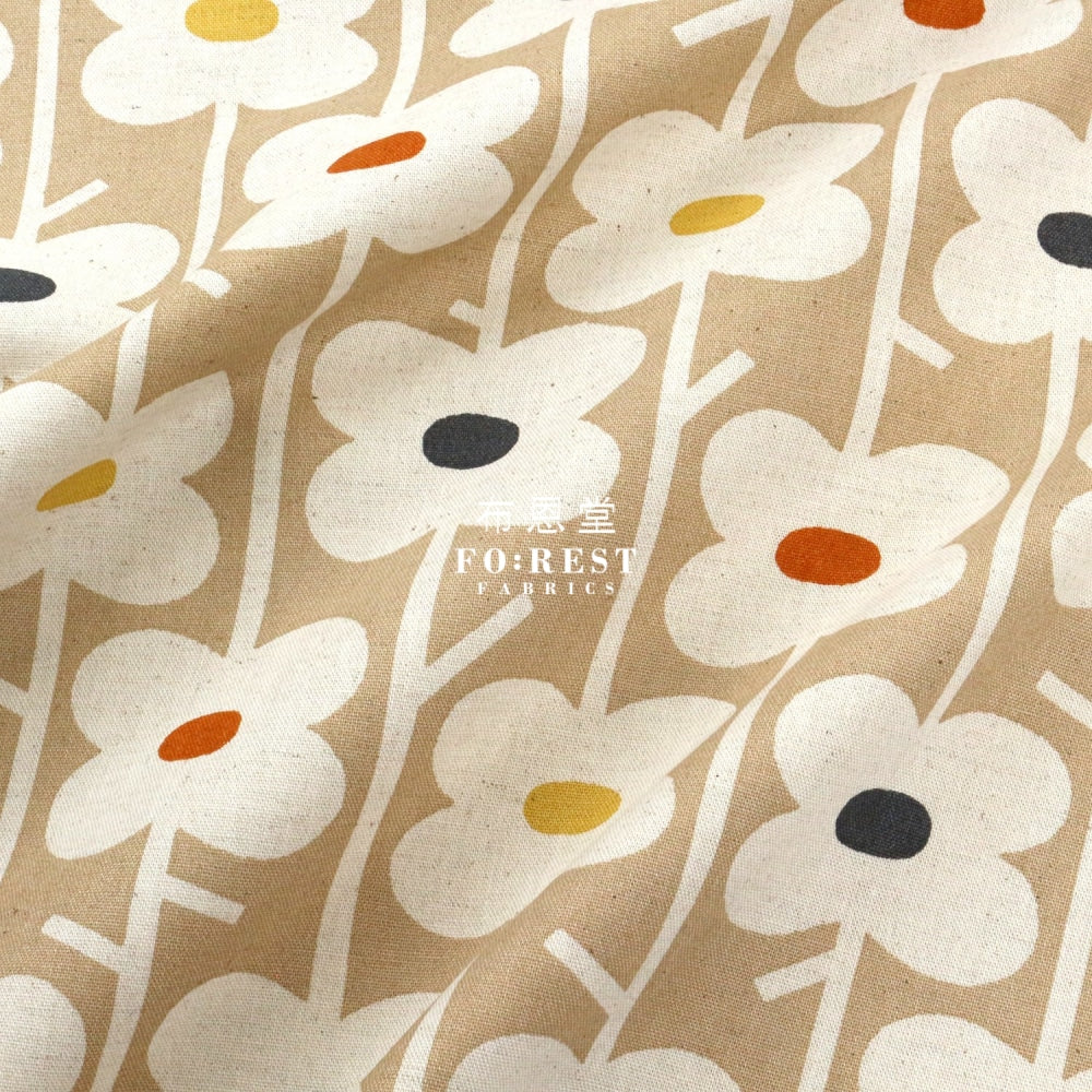 Canvas - Piccolo Flowers Fabric Khaki Cotton Linen Canvas