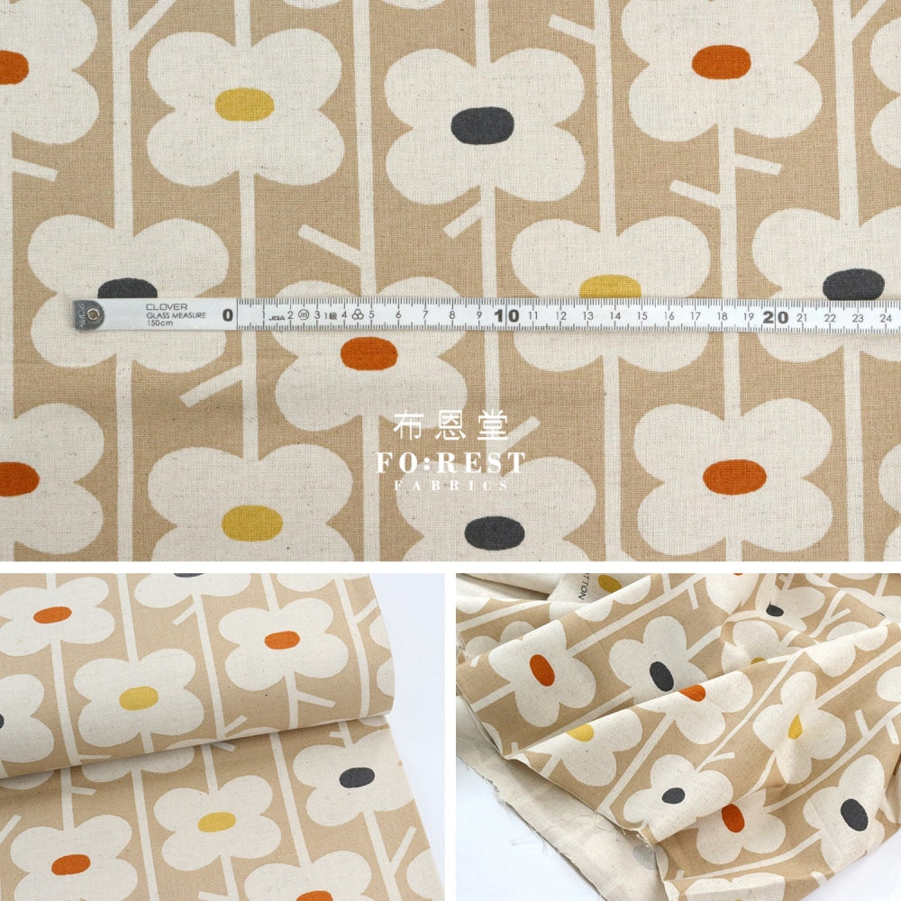 Canvas - Piccolo Flowers Fabric Khaki Cotton Linen Canvas
