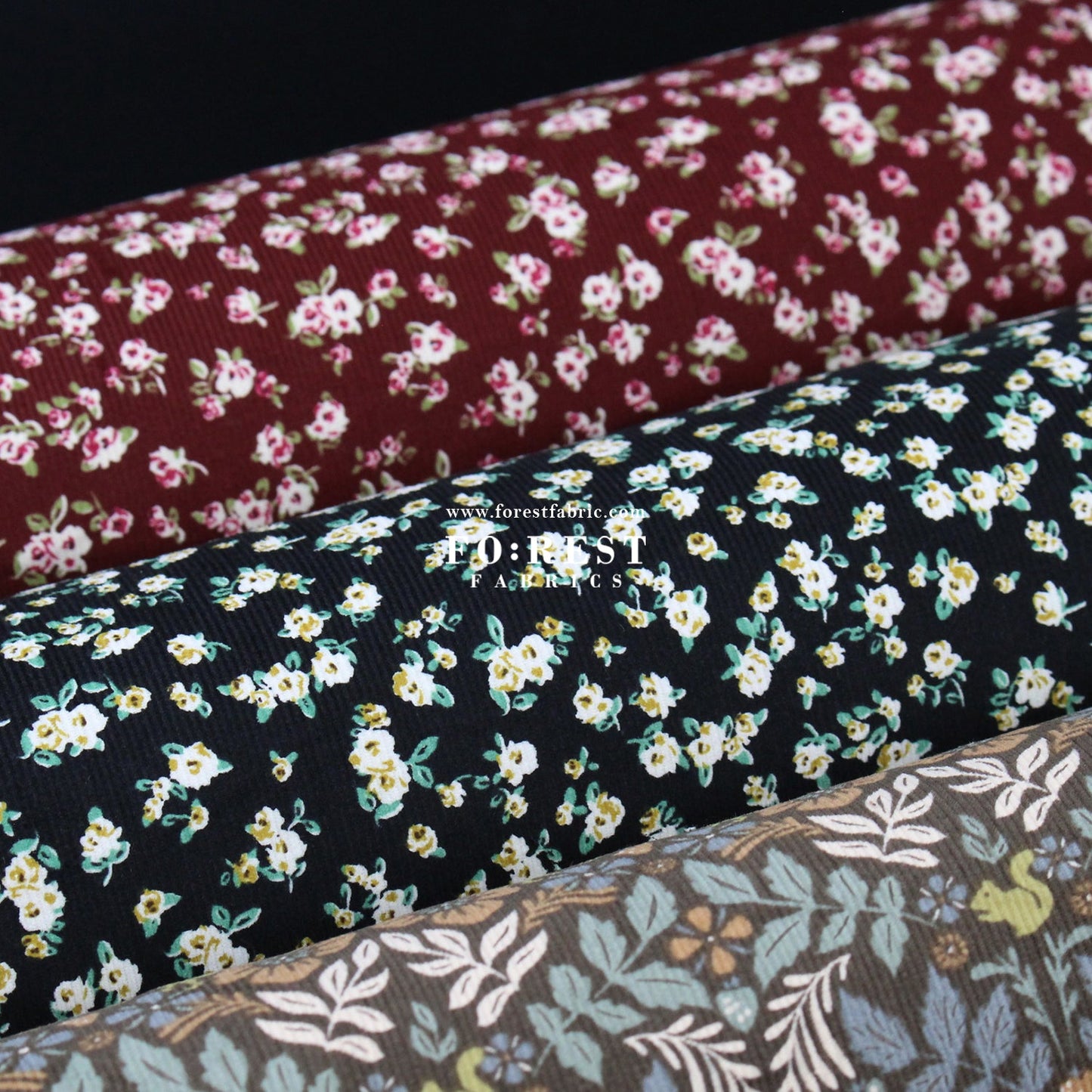 Corduroy - Little Rose Flower fabric Wine 燈芯絨 - FO:REST Fabric 布恩堂Liberty fabrictana lawnjapanese fabricykk zipper