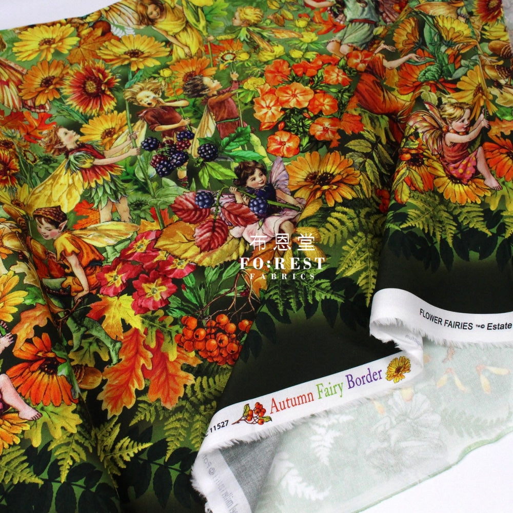 Cotton - Autumn Fairy Fabric Green (Single Border)