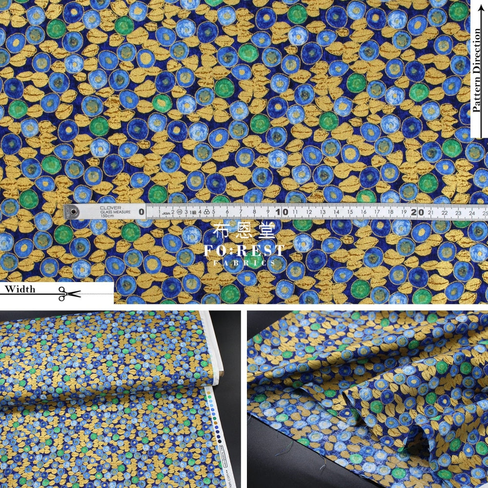 Cotton - Gustav Klimt Jewel Leaf Metallic Fabric Blue