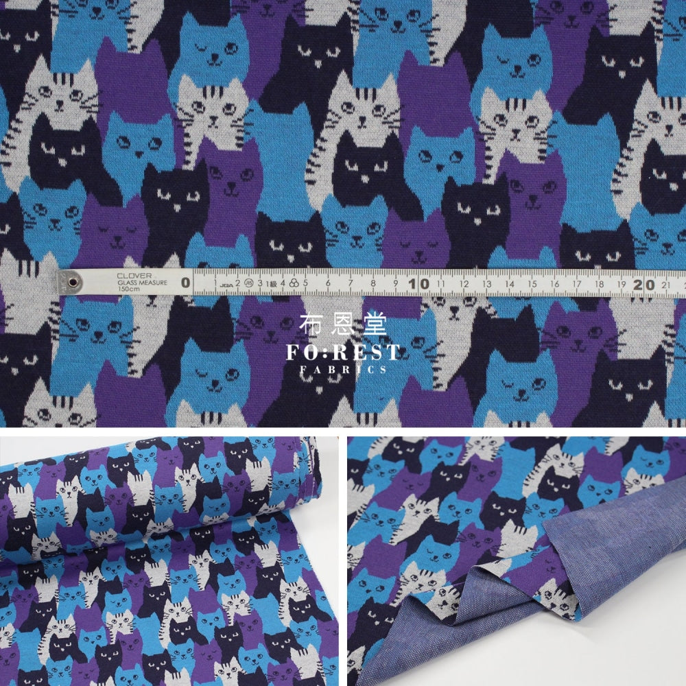 Cotton Knit Jacquard - Cat Blue Fabric Knit