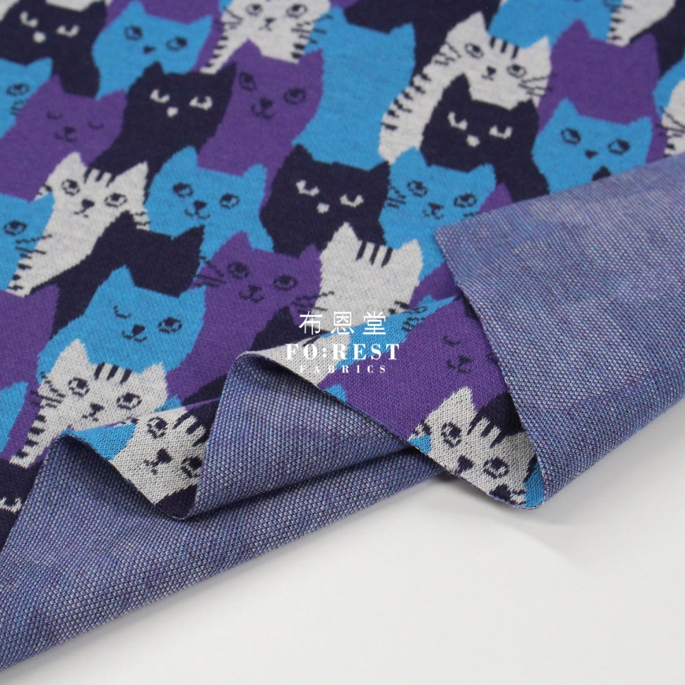Cotton Knit Jacquard - Cat Blue Fabric Knit