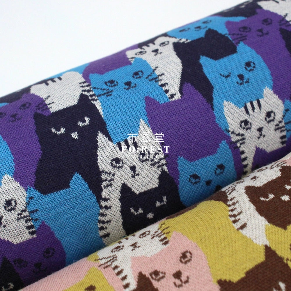 Cotton Knit Jacquard - Cat Blue Fabric Knit