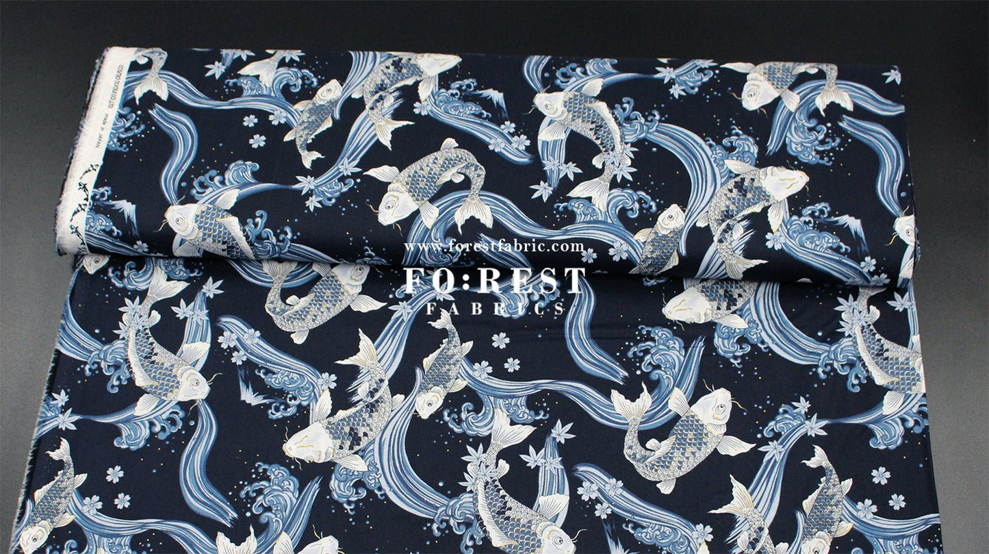 cotton - Koi Fuji mountain with metallic fabric Navy - FO:REST Fabric 布恩堂Liberty fabrictana lawnjapanese fabricykk zipper