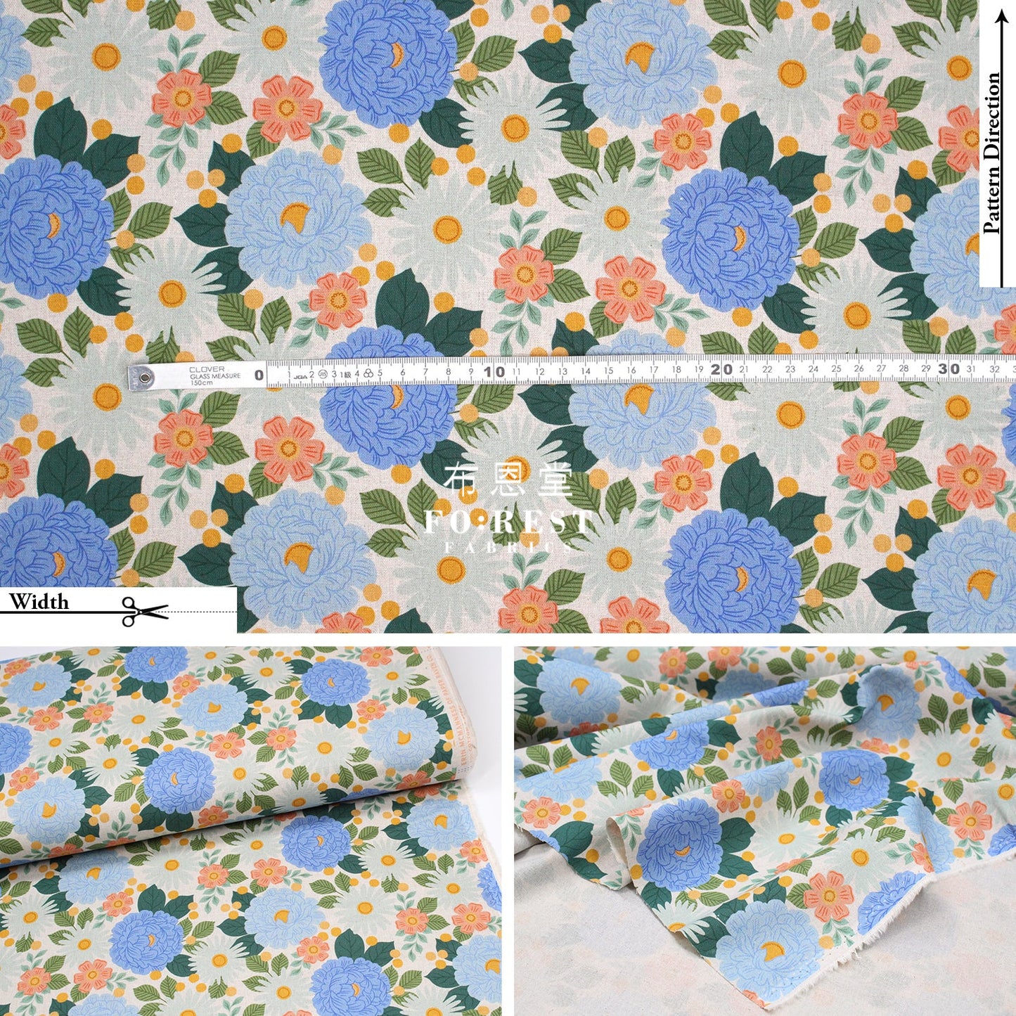 Cotton Linen - Floral Daydream Blue Fabric Canvas