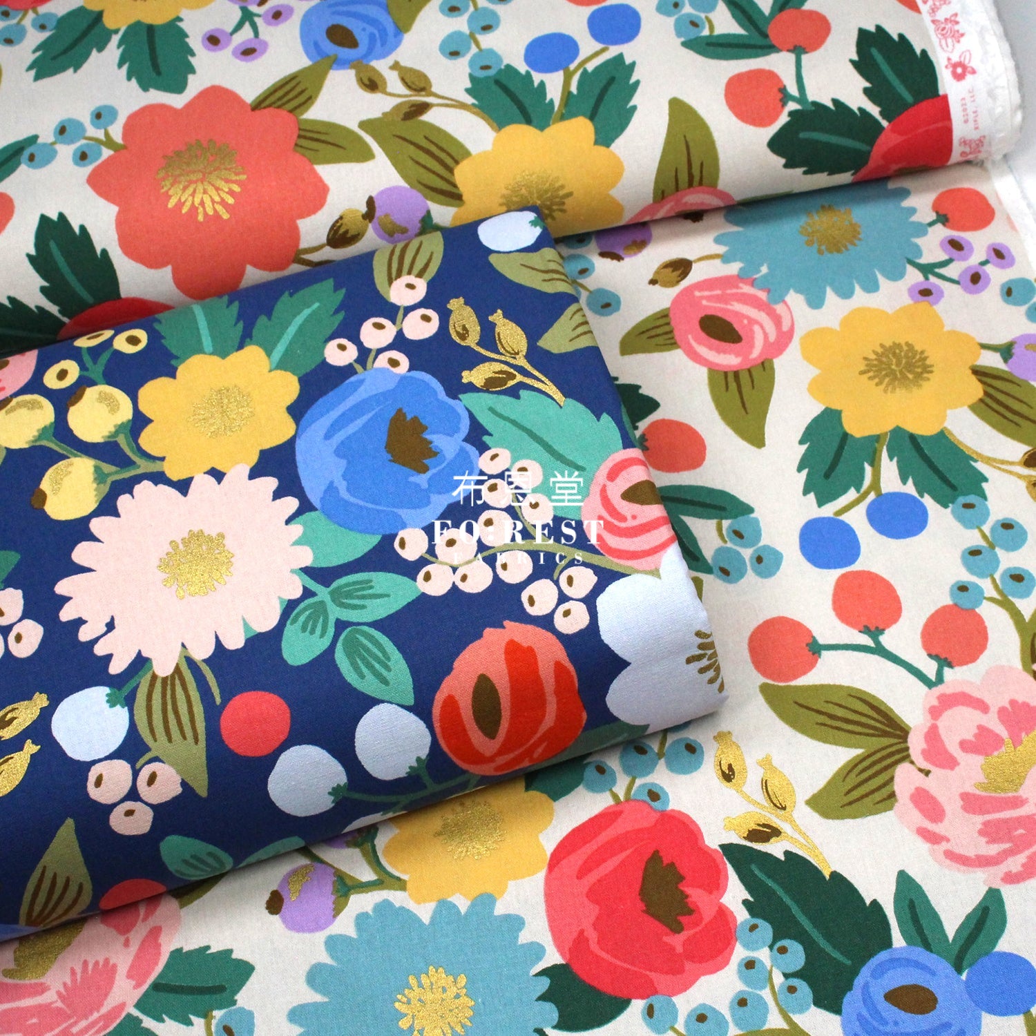 Cotton Linen - Vintage Blossom Navy Metallic Fabric Canvas