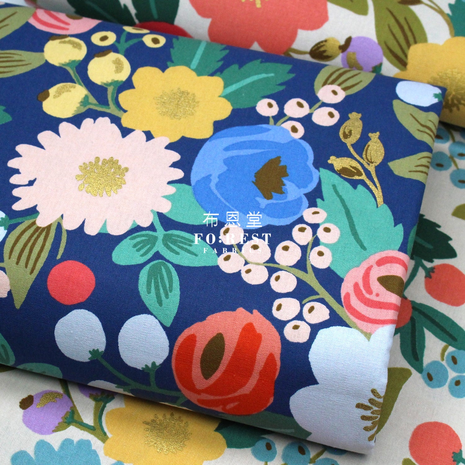 Cotton Linen - Vintage Blossom Navy Metallic Fabric Canvas