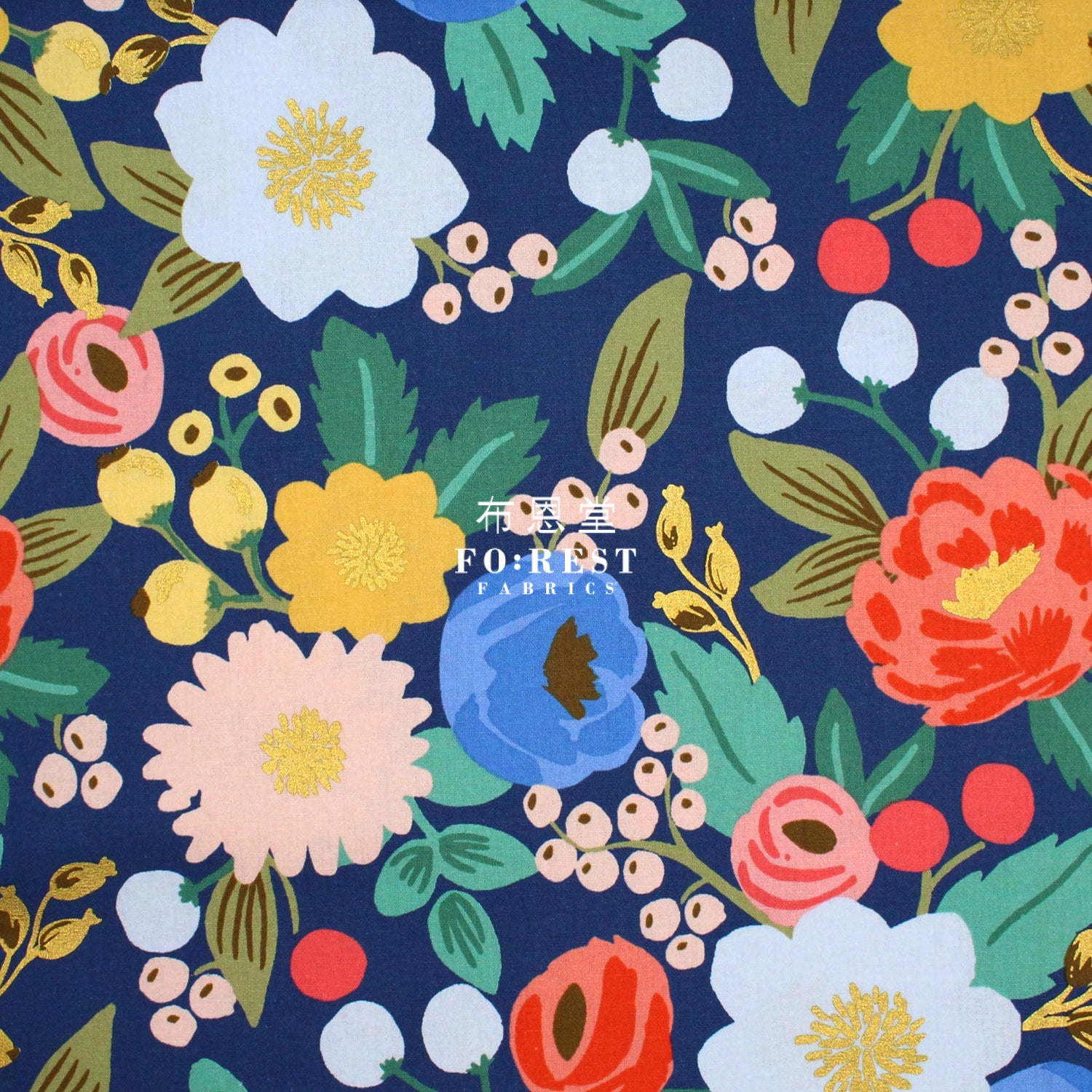 Cotton Linen - Vintage Blossom Navy Metallic Fabric Canvas