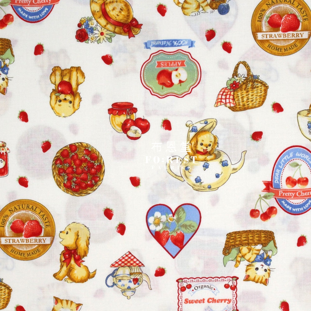 Cotton - Love Strawberry Fabric White