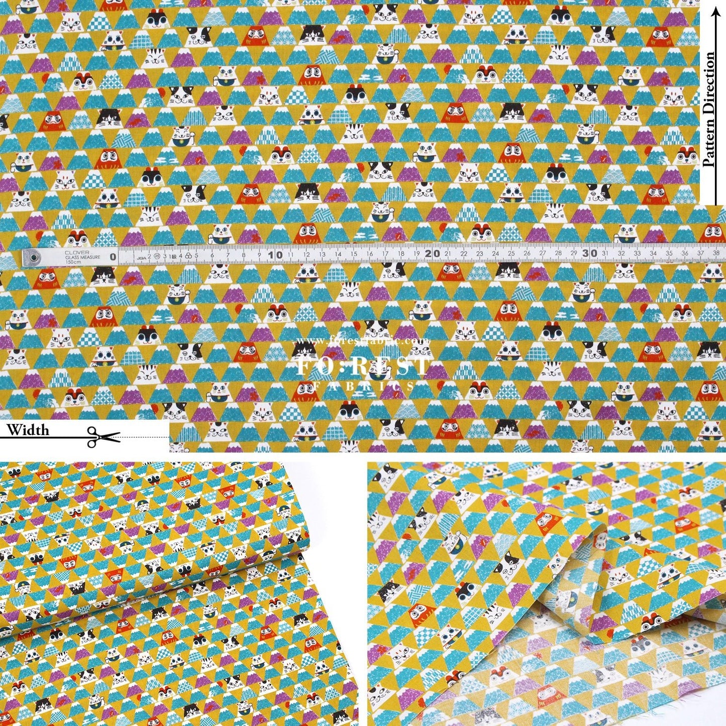 cotton - Lucky cat Mount FUJI fabric Mustard - FO:REST Fabric 布恩堂Liberty fabrictana lawnjapanese fabricykk zipper