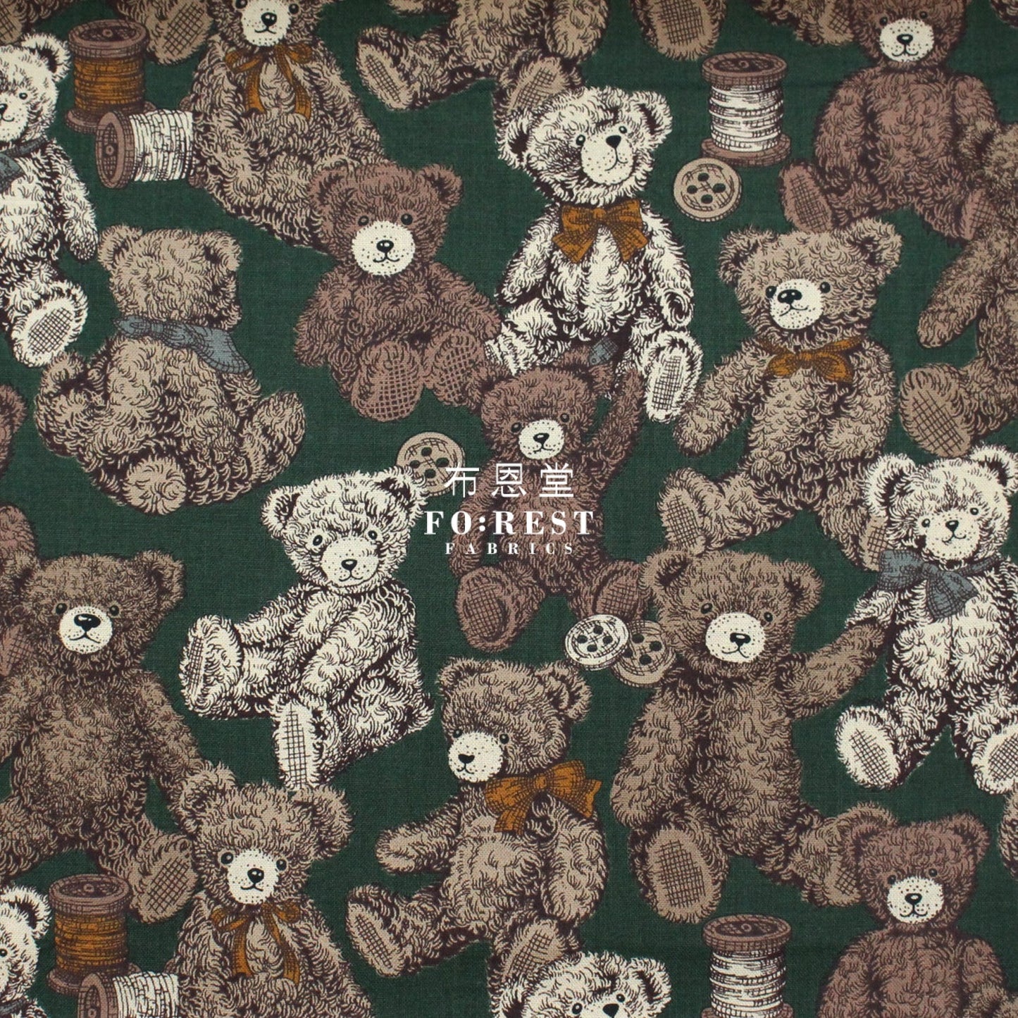cotton - Make a Teddy Bear fabric Dark Green - FO:REST Fabric 布恩堂Liberty fabrictana lawnjapanese fabricykk zipper
