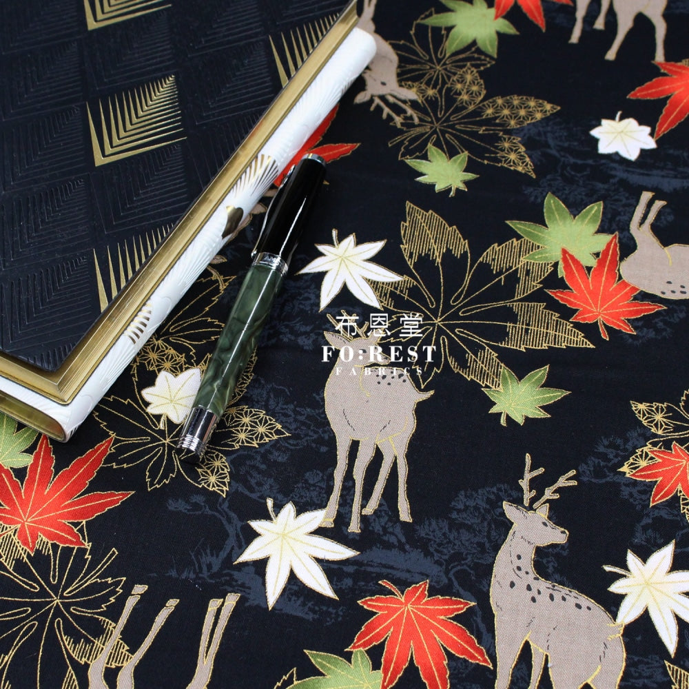 Cotton - Maple And Deer Fabric Black