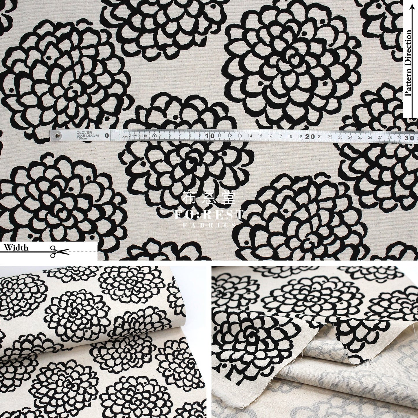 Cotton - Peony Japanese Style Fabric Black