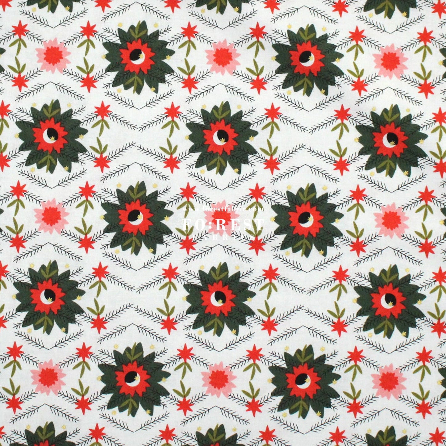 cotton - Poinsettia Mistletoe Metallic fabric - FO:REST Fabric 布恩堂Liberty fabrictana lawnjapanese fabricykk zipper