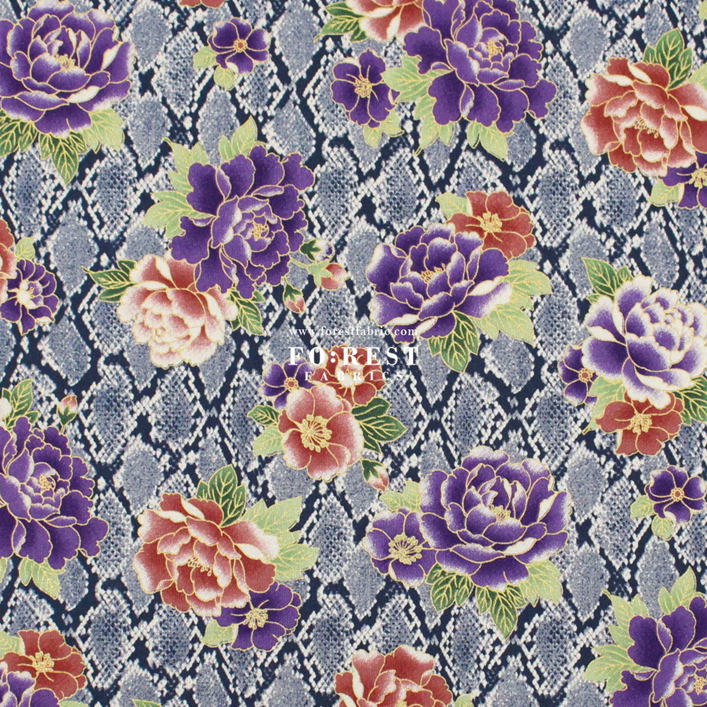 cotton - Sanke Peony金彩白蛇 fabric Navy - FO:REST Fabric 布恩堂Liberty fabrictana lawnjapanese fabricykk zipper