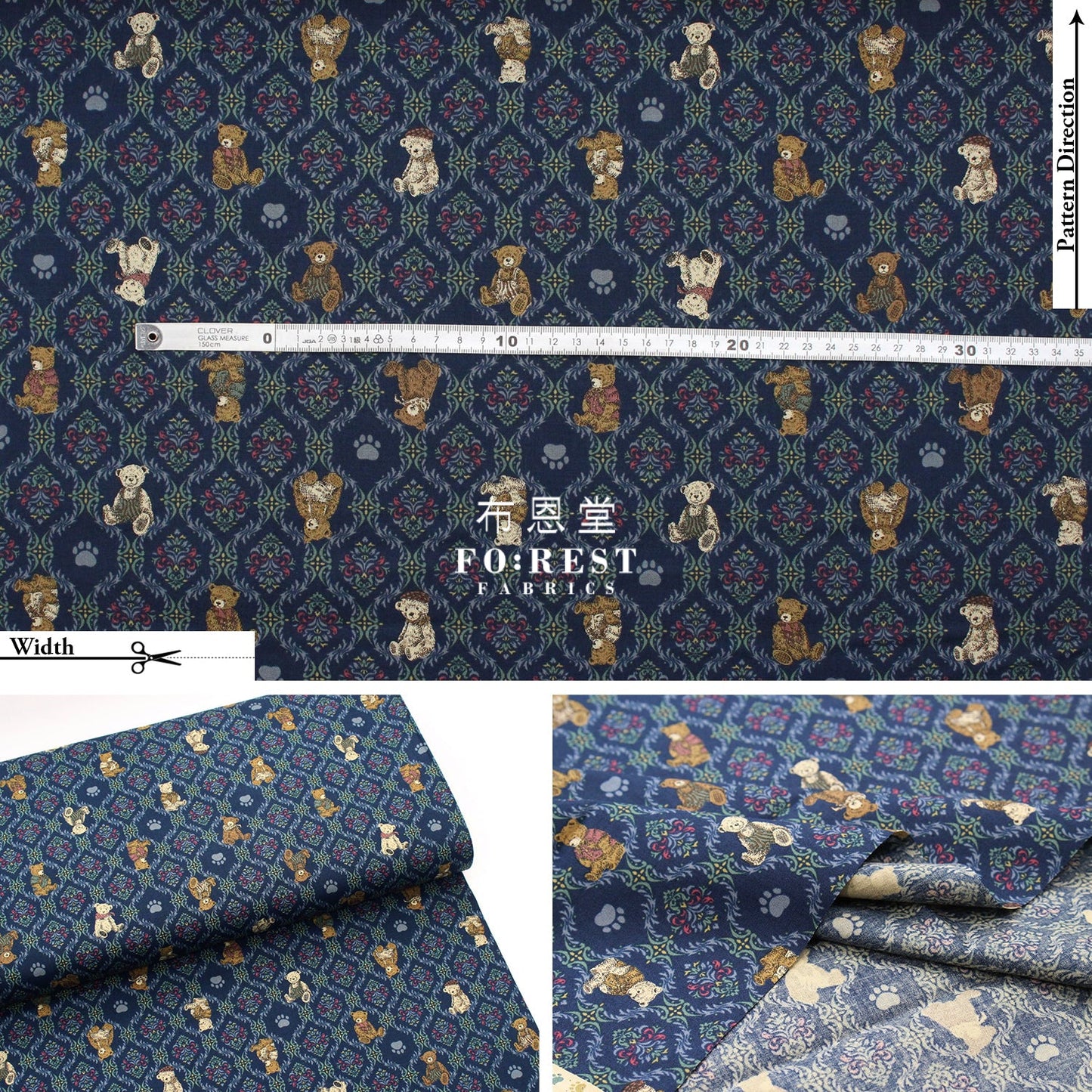 Cotton - Sewing Teddy Bear Fabric Navy