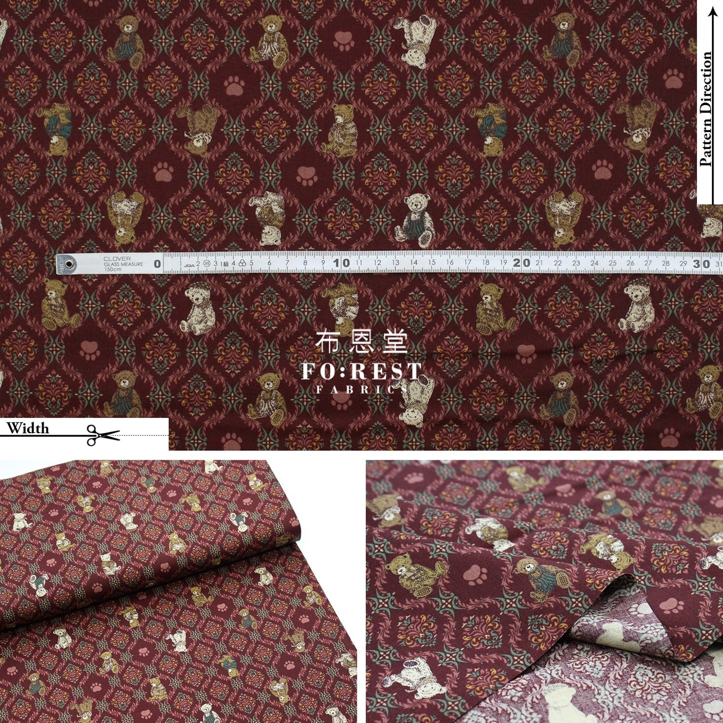Cotton - Sewing Teddy Bear Fabric Wine