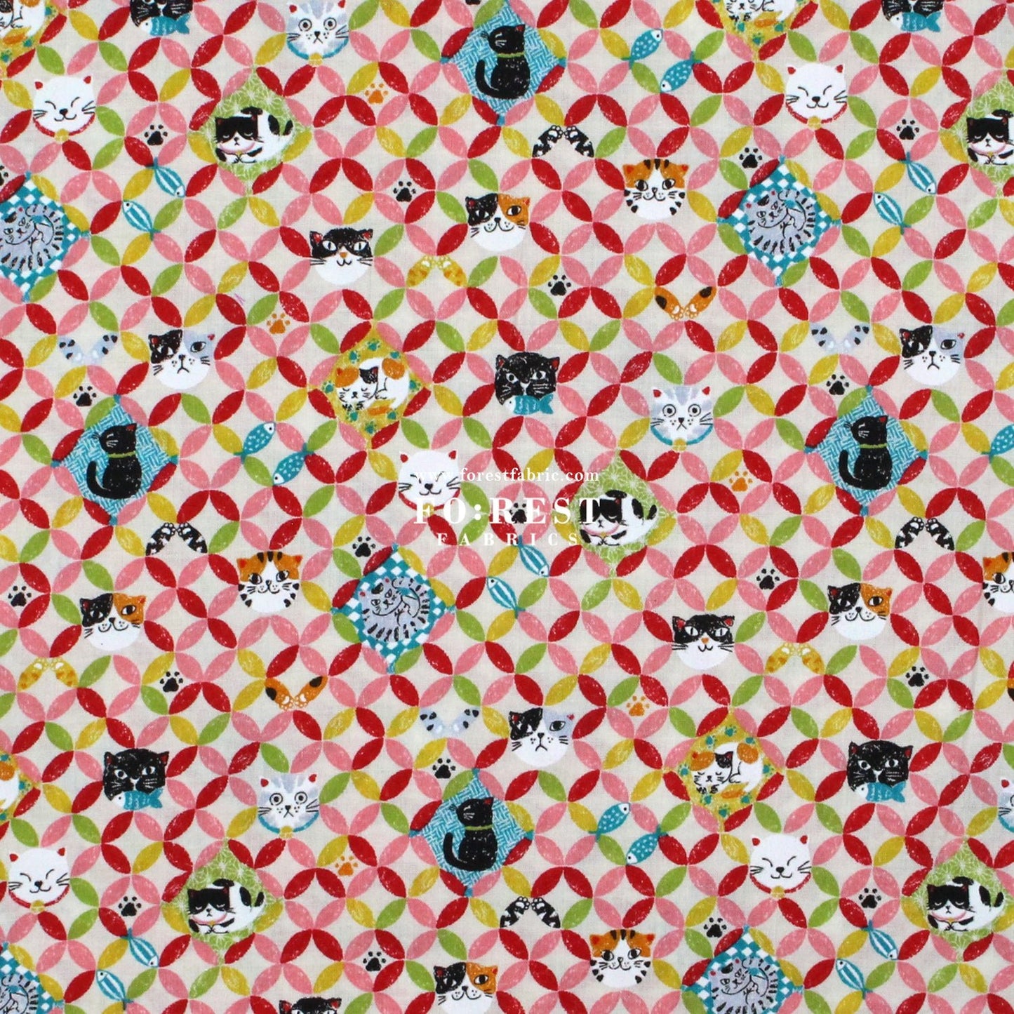 cotton - Shippo cats fabric Natural - FO:REST Fabric 布恩堂Liberty fabrictana lawnjapanese fabricykk zipper
