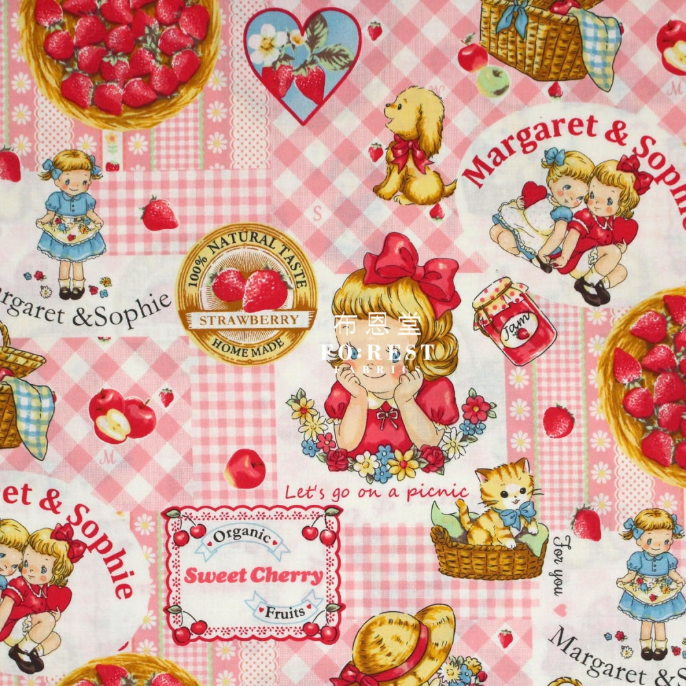 Cotton - Strawberry Picking Fabric Pink