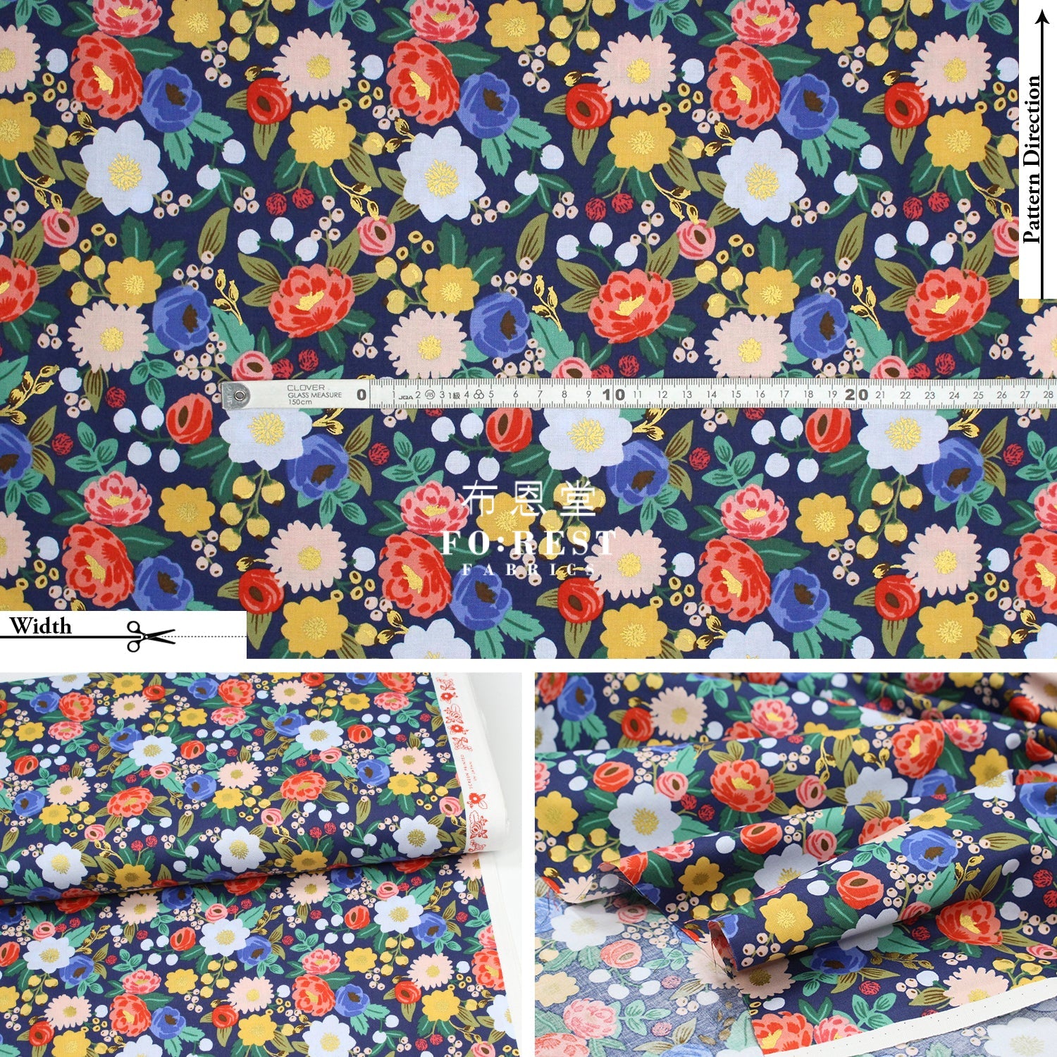 Cotton - Vintage Blossom Navy Metallic Fabric