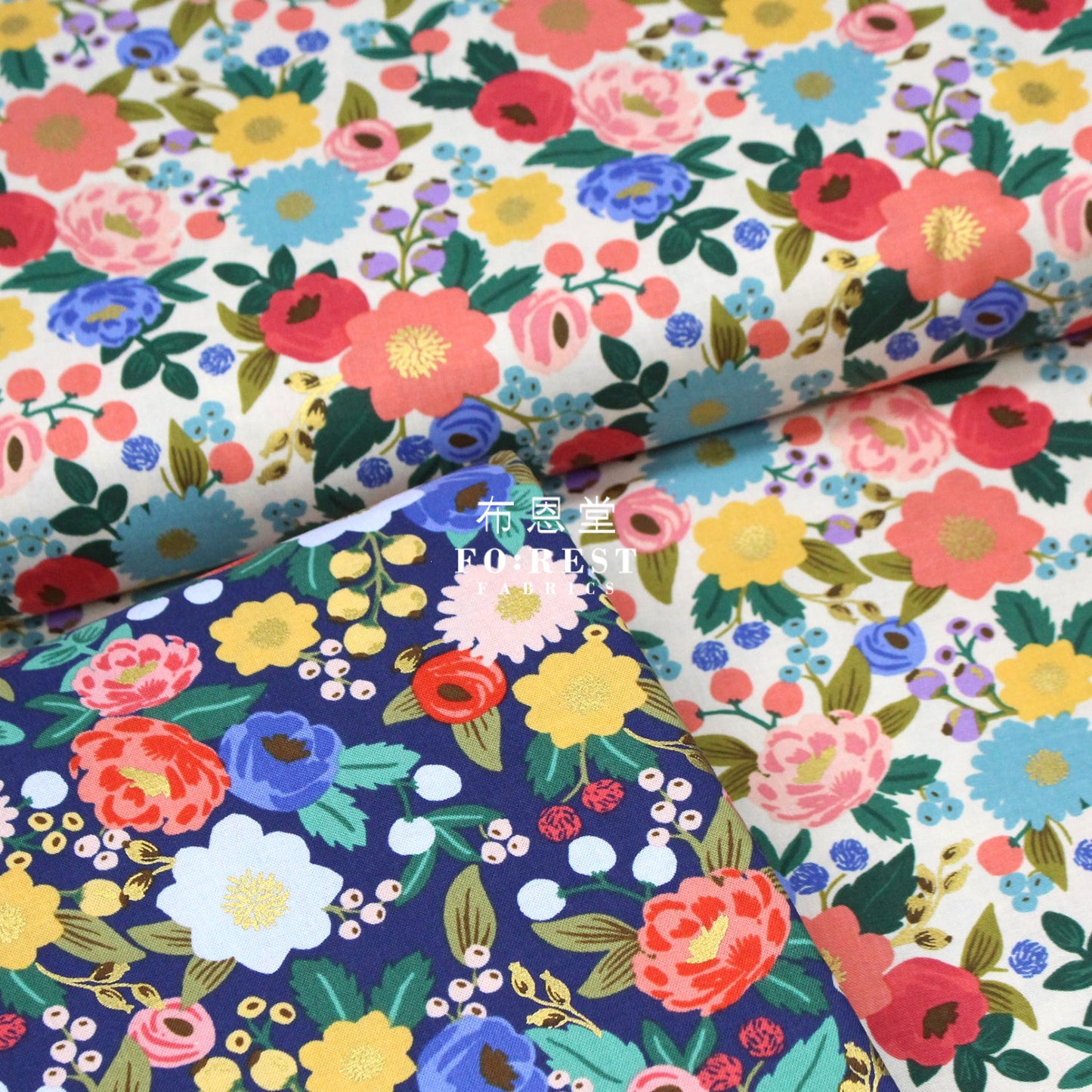 Cotton - Vintage Blossom Navy Metallic Fabric
