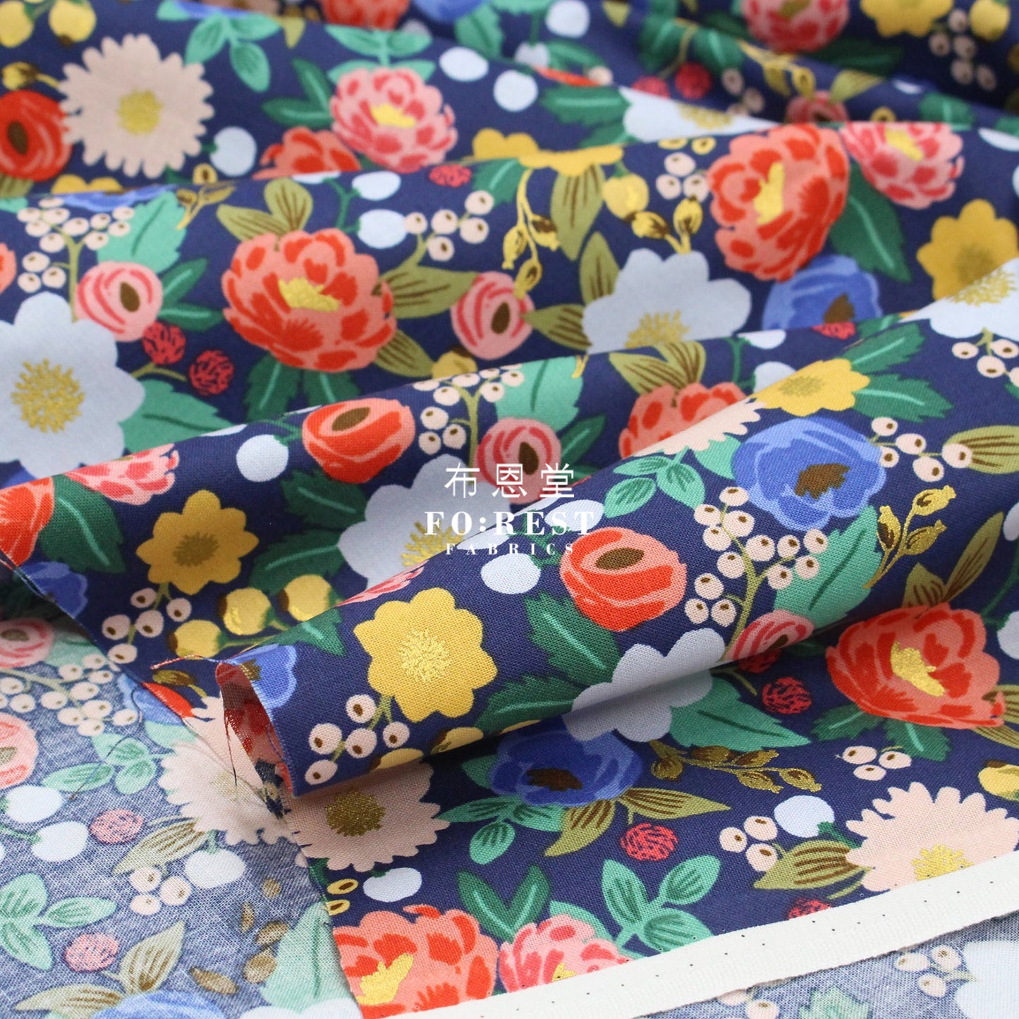 Cotton - Vintage Blossom Navy Metallic Fabric